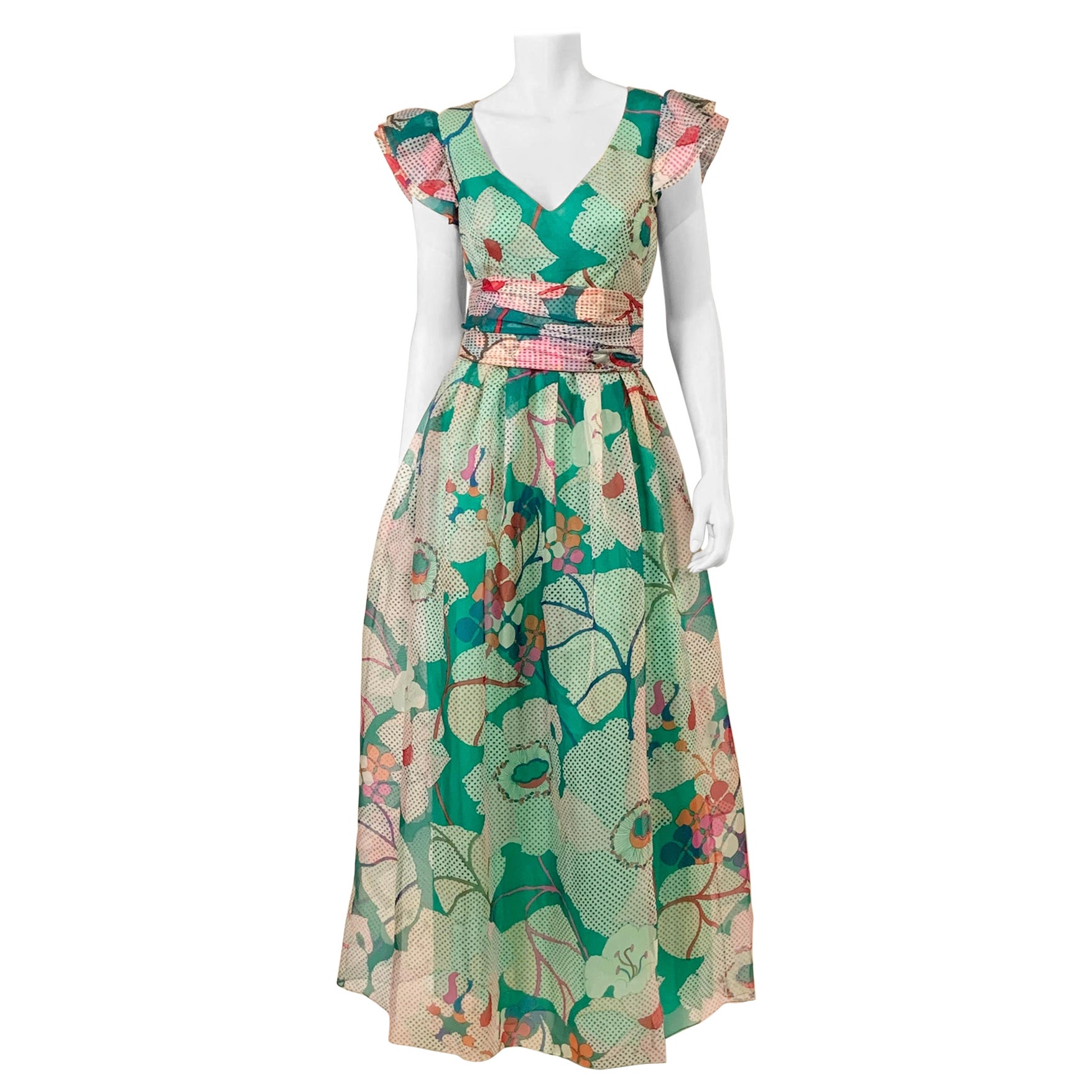 1970's Pierre Cardin Op Art Silk Organza Dress with Cummerbund