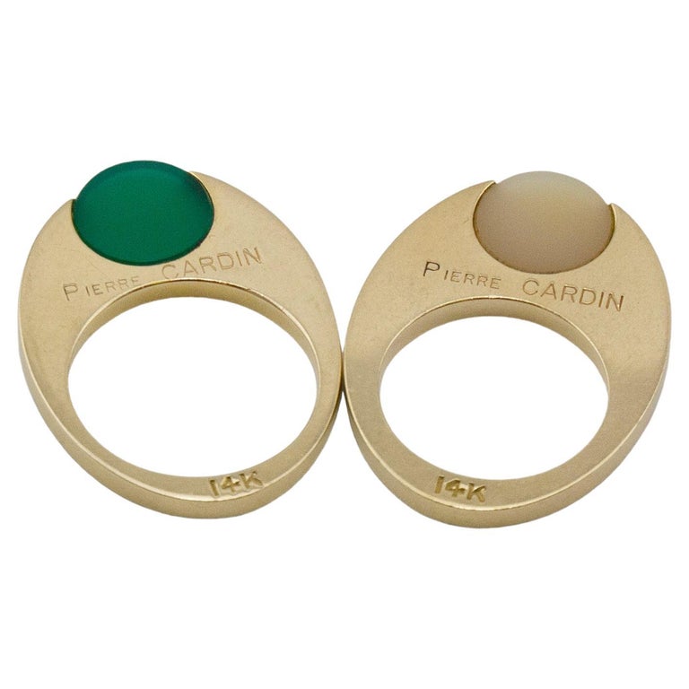 1970s Pierre Cardin Set of 14k Gold Green and Beige Chalcedony Rings