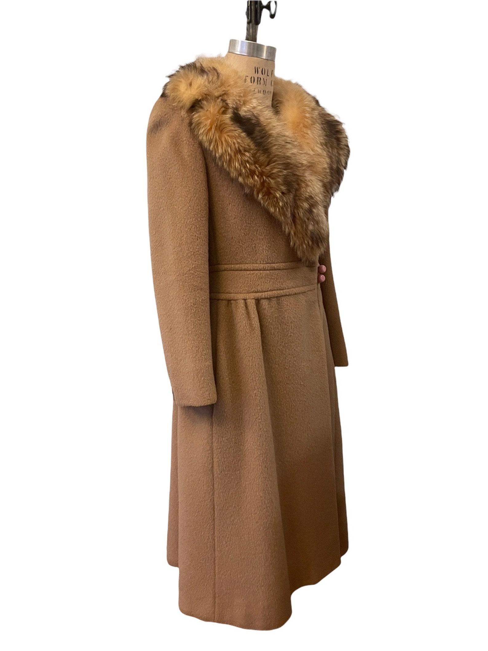 1970s Pierre Cardin wool princess coat with fox fur collar In Excellent Condition For Sale In Brooklyn, NY