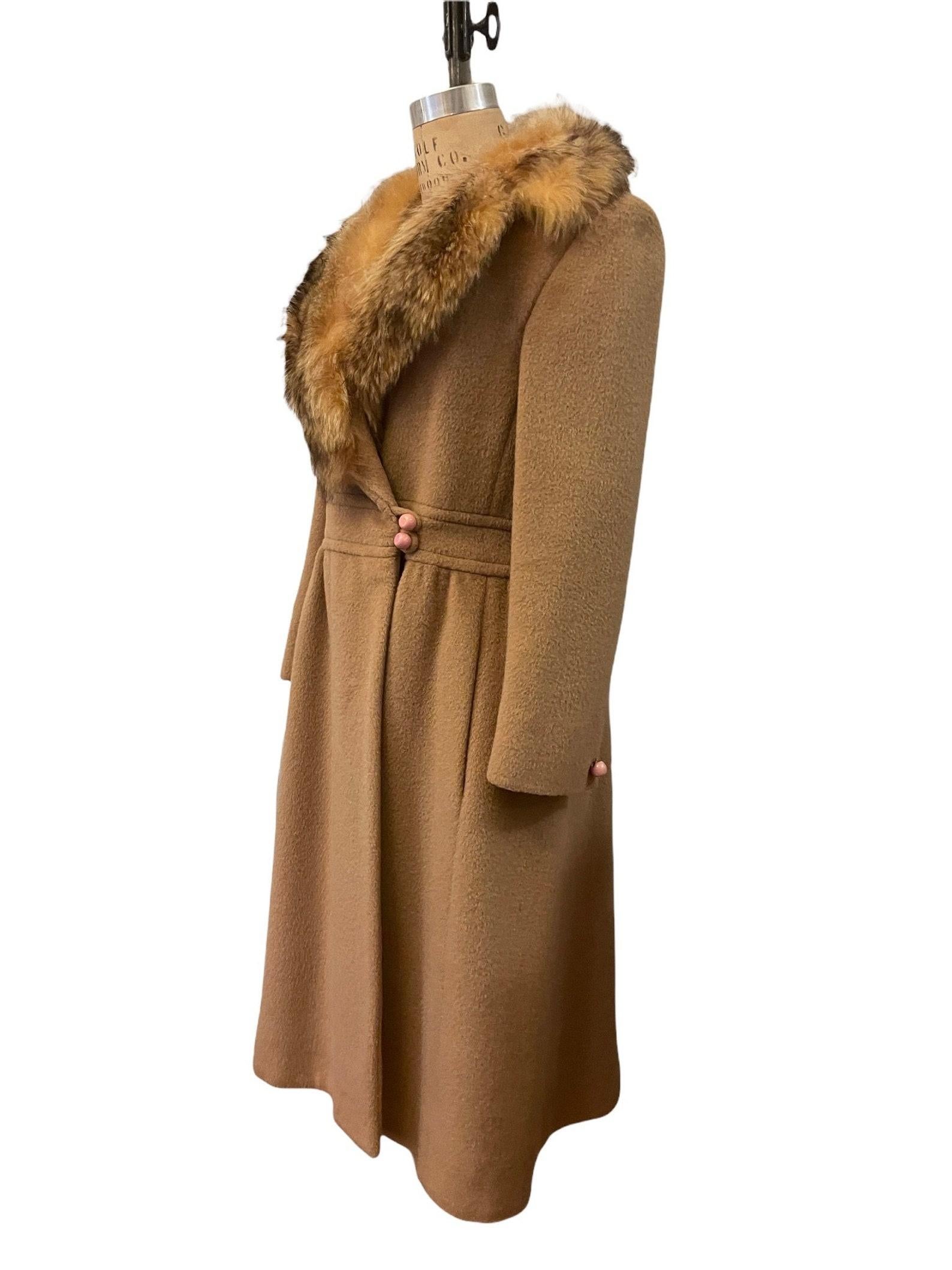 Women's Pierre Cardin Wool Princess Coat with Fox Fur Collar, Circa 1970s For Sale