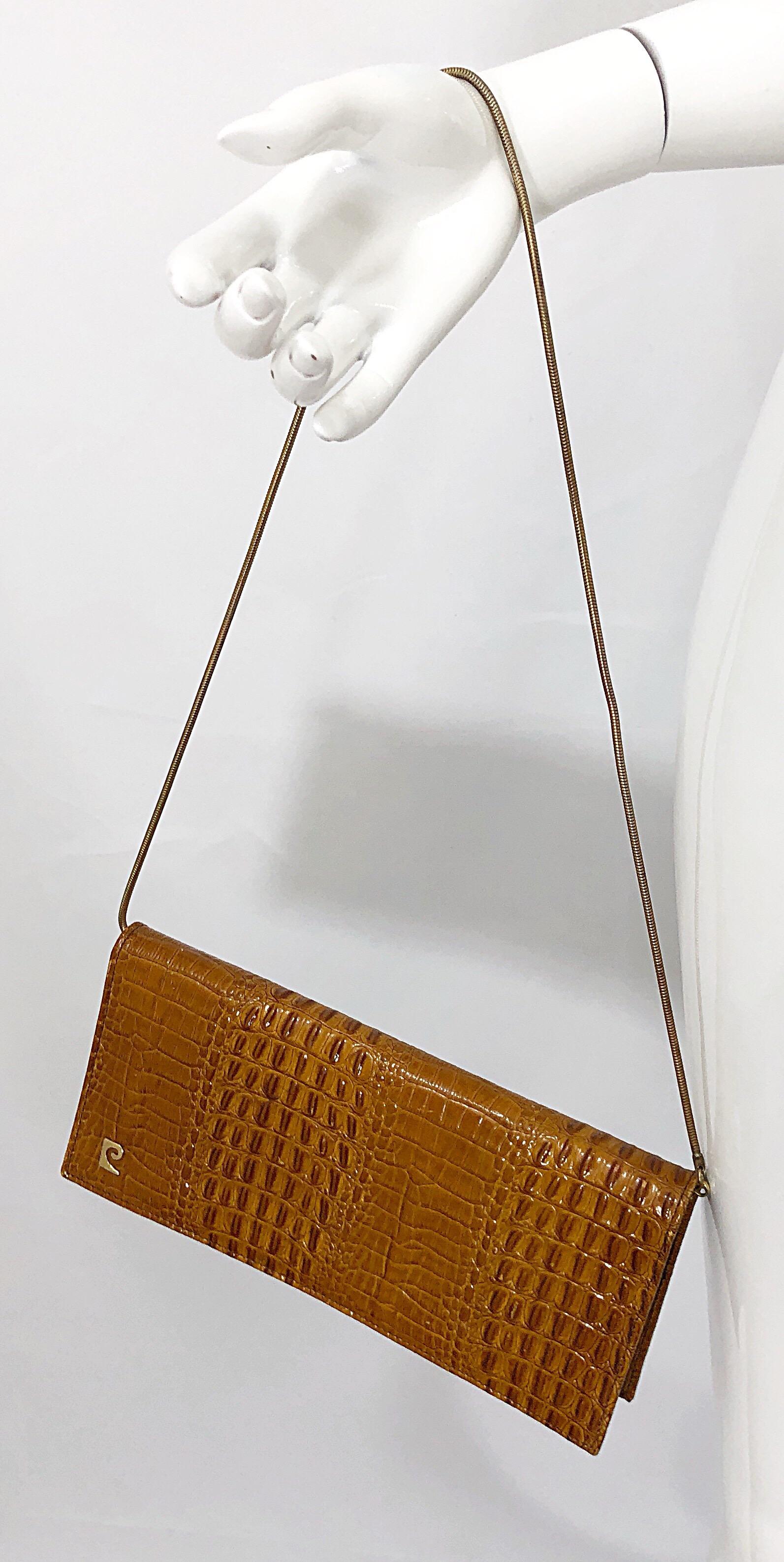 Brown 1970s Pierre Cardin Alligator Leather Embossed Convertible Vintage Clutch Bag
