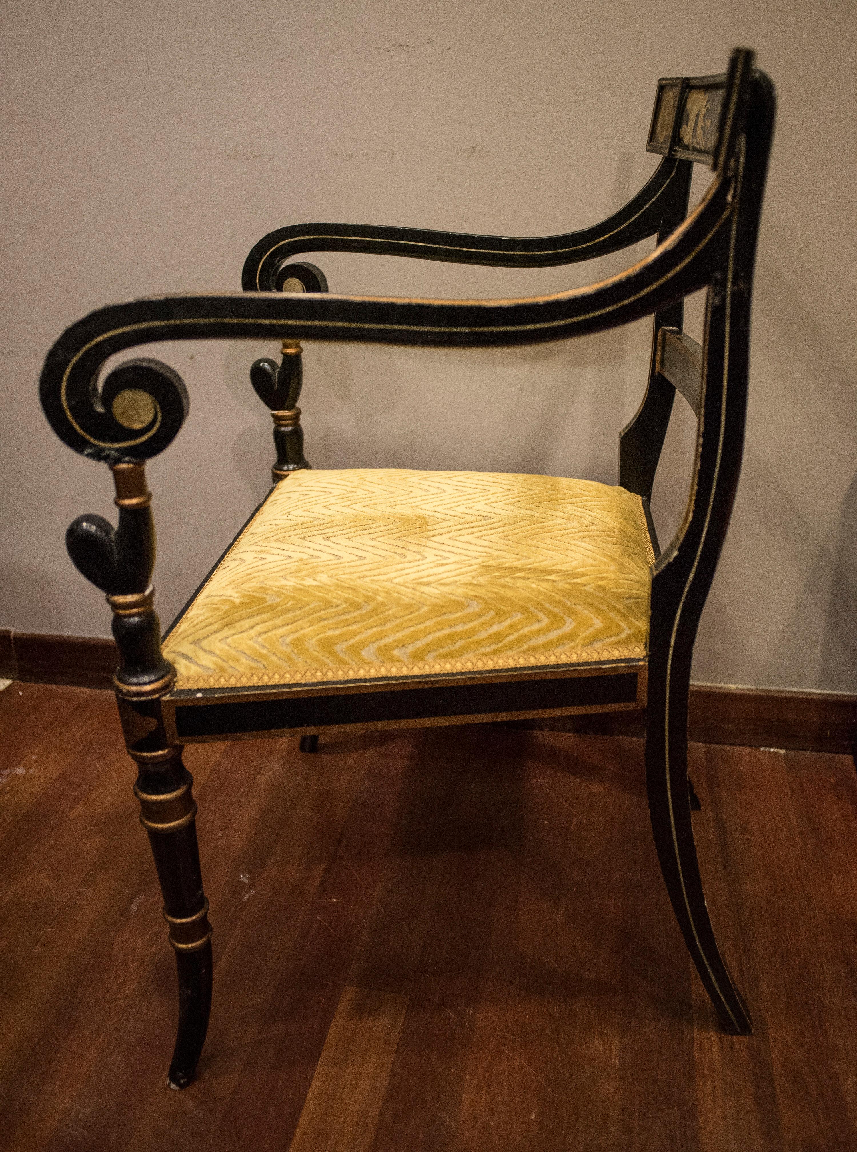 1970s Pierre Lottier French Painted in Gold on Black Laquer Armchairs In Good Condition In Valladolid, ES