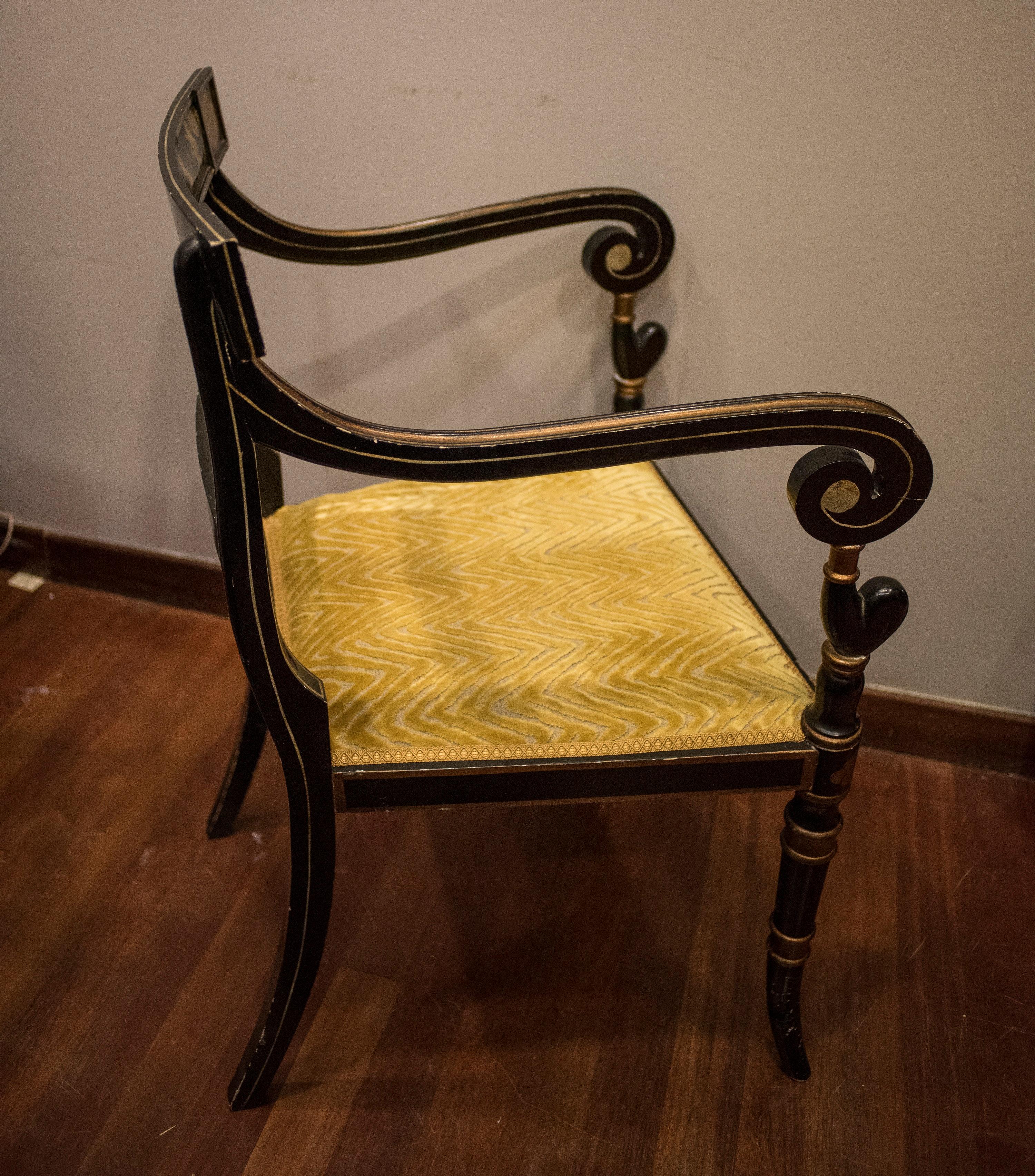 Upholstery 1970s Pierre Lottier French Painted in Gold on Black Laquer Armchairs