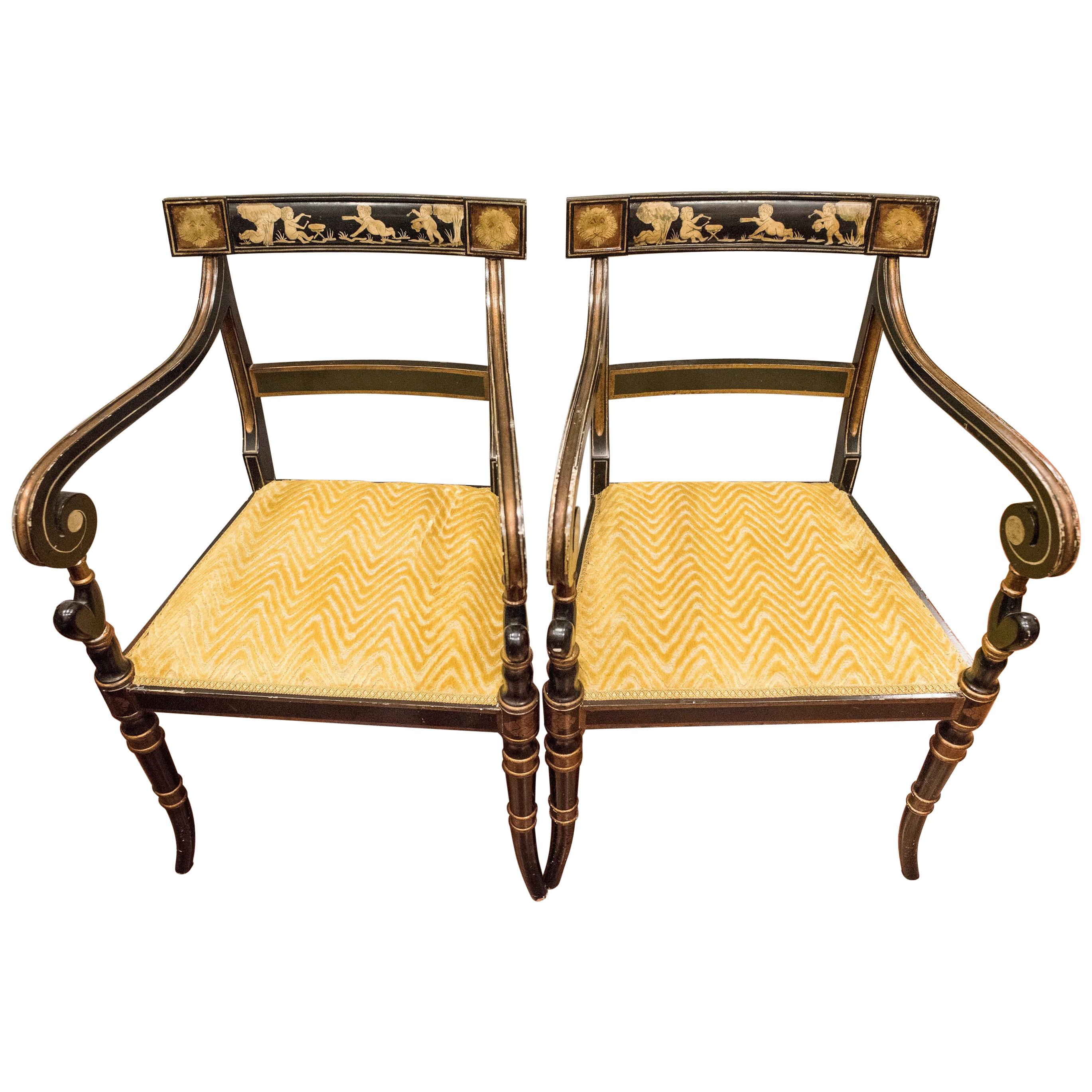 1970s Pierre Lottier French Painted in Gold on Black Laquer Armchairs