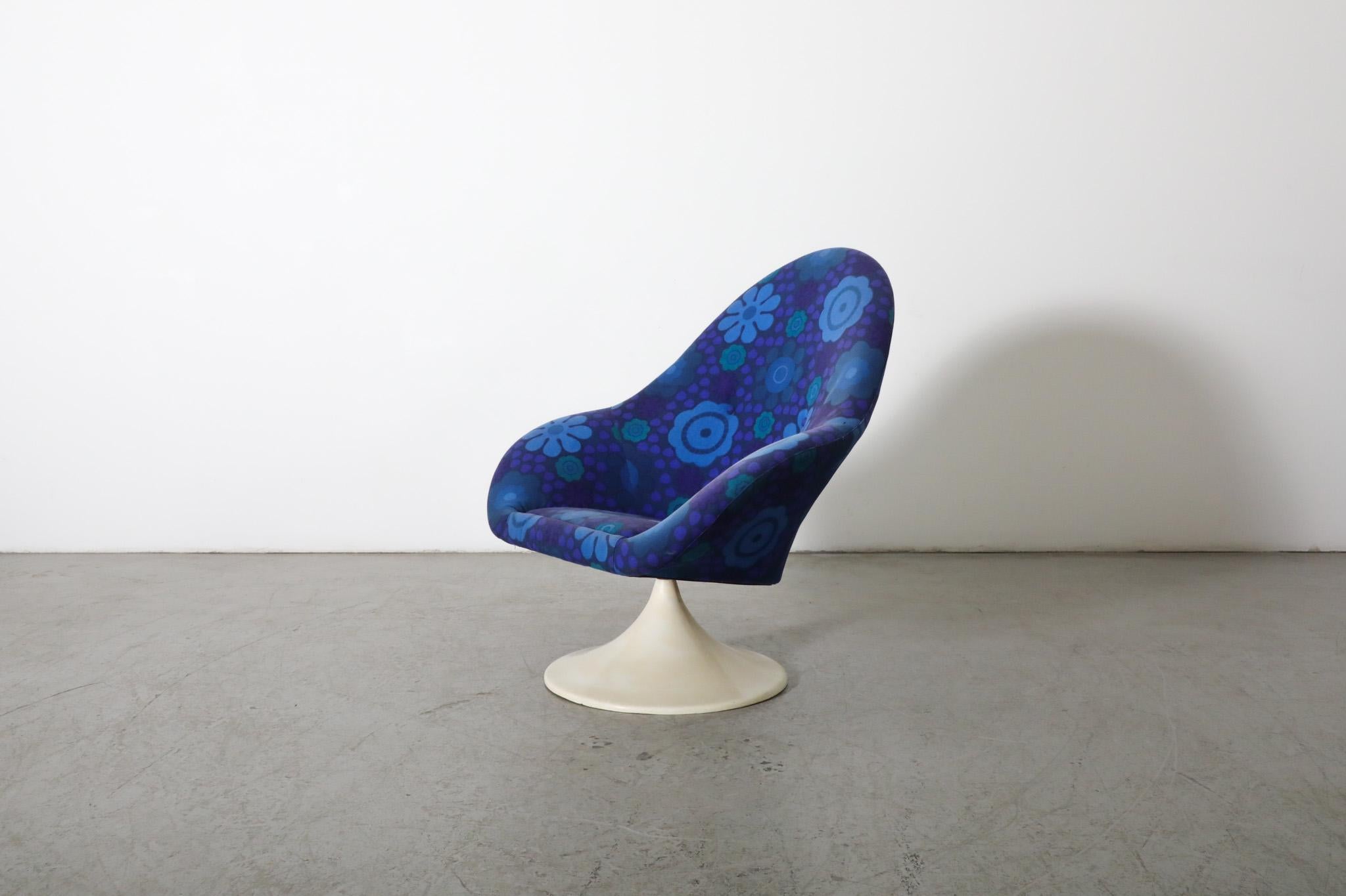 Mid-Century Modern 1970's Pierre Paulin Inspired Blue Flower Textile Tulip Swivel Chair by TopForm For Sale