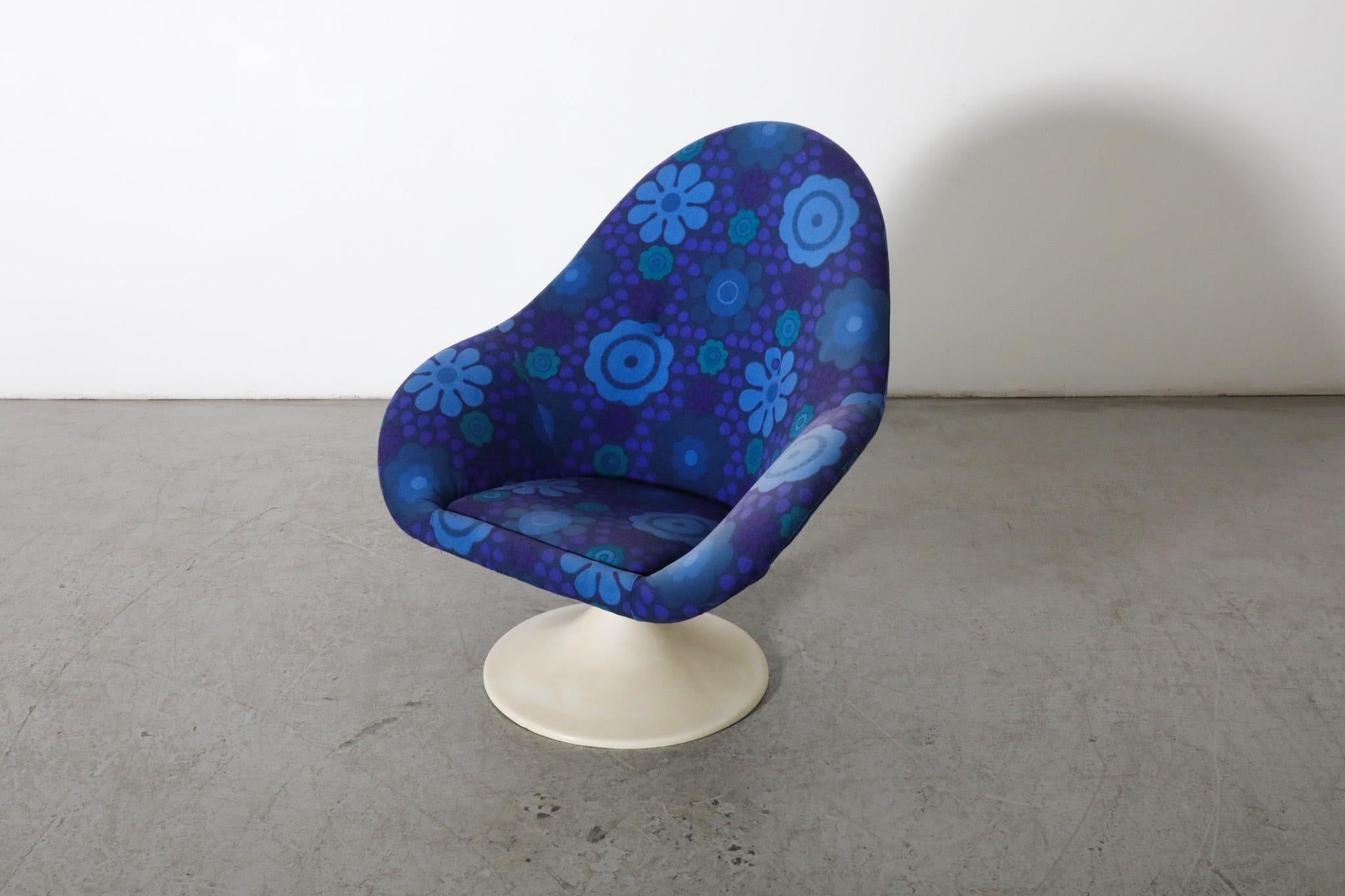 Late 20th Century 1970's Pierre Paulin Inspired Blue Flower Textile Tulip Swivel Chair by TopForm For Sale