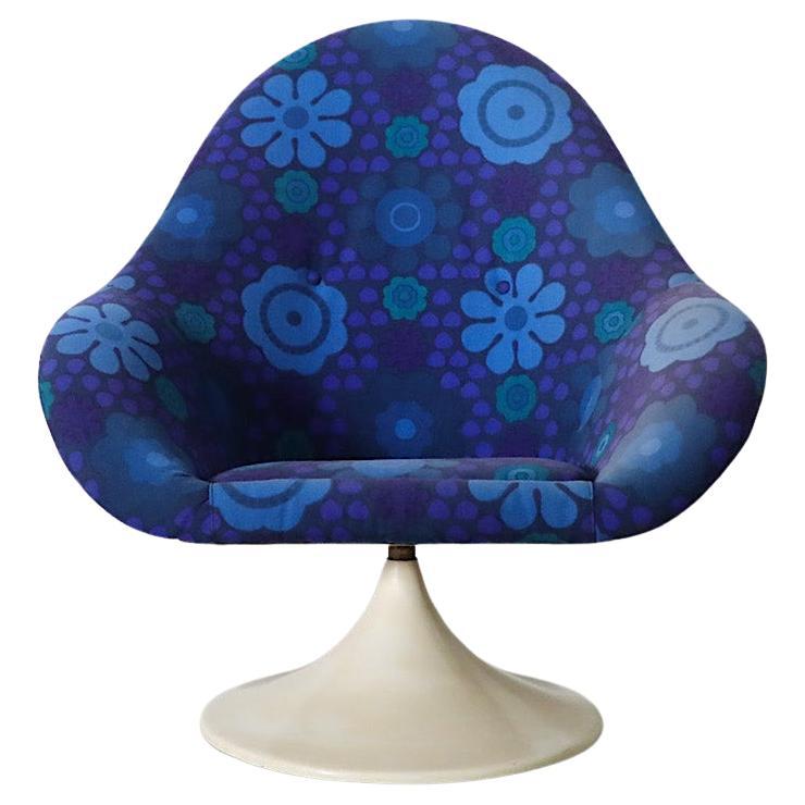 1970's Pierre Paulin Inspired Blue Flower Textile Tulip Swivel Chair by TopForm For Sale