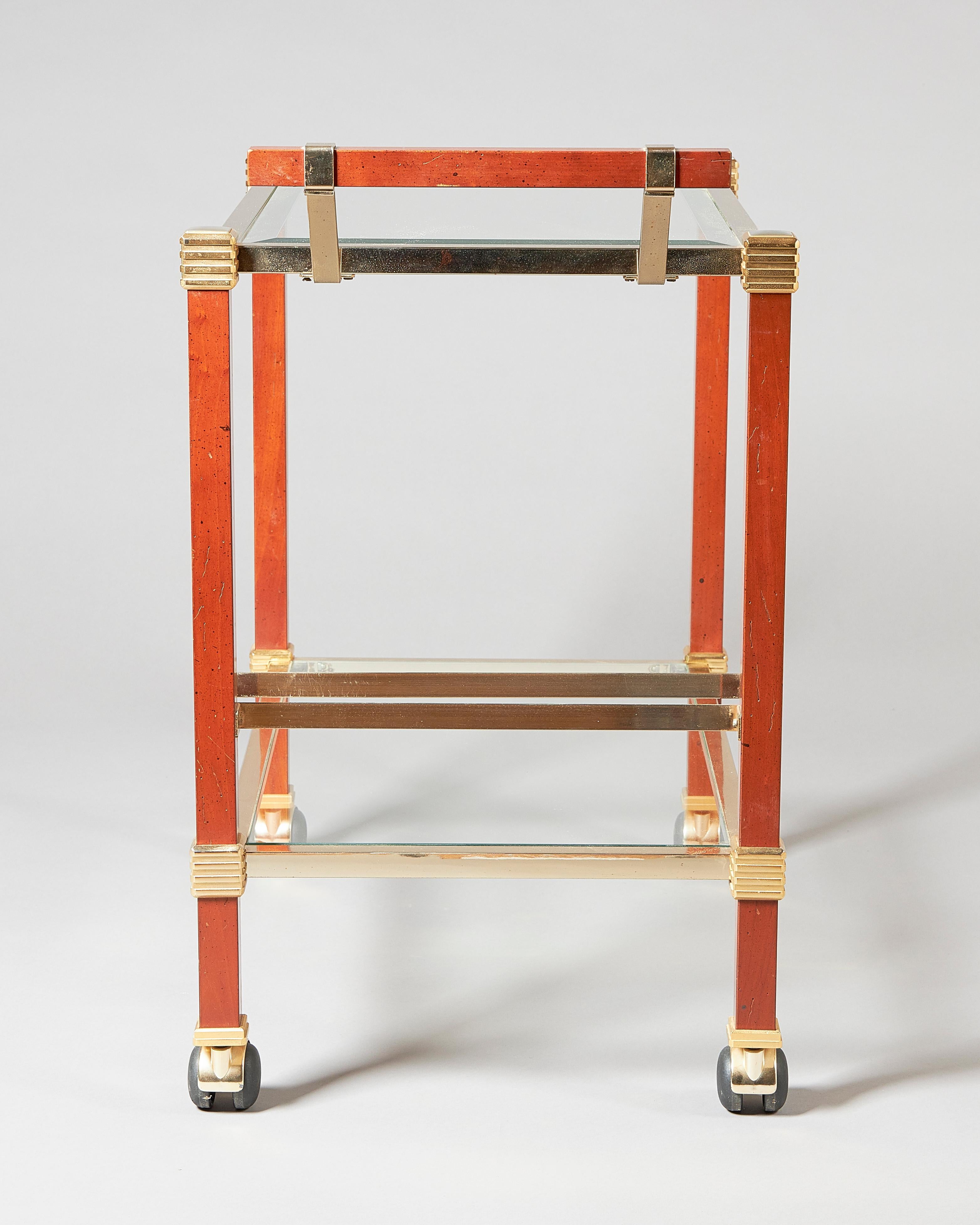 1970s Pierre Vandel Glass and Fruitwood Drinks Trolley In Good Condition In Petworth, West Sussex