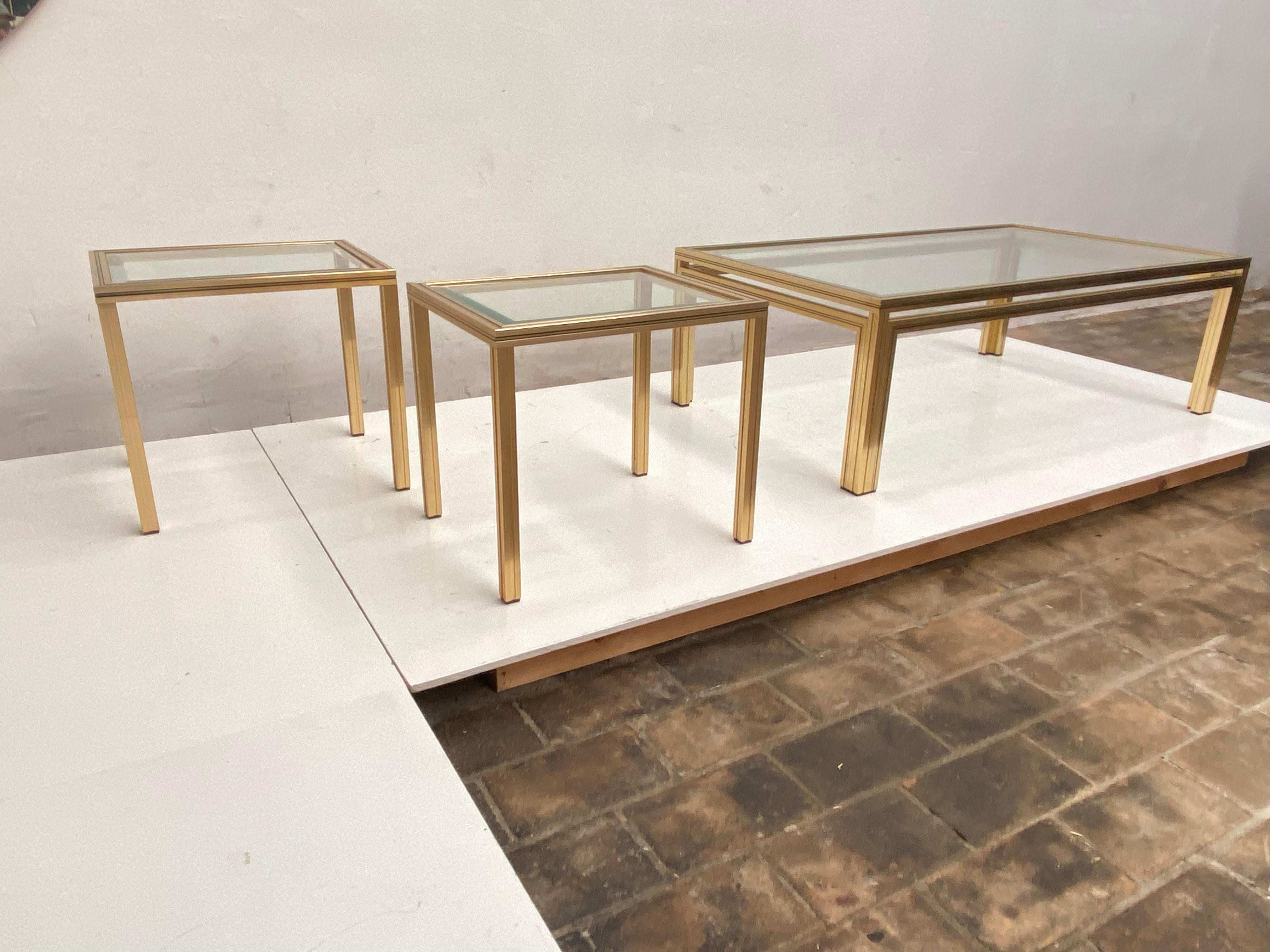 1970's Pierre Vandel Paris Coffee Table + 2 Side Tables Gold Anodized Aluminium For Sale 2