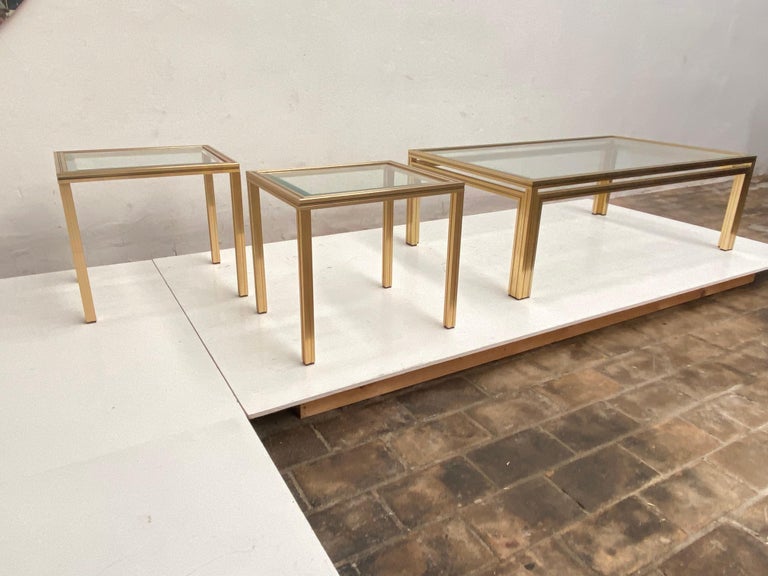 1970's Pierre Vandel Paris Coffee Table + 2 Side Tables Gold