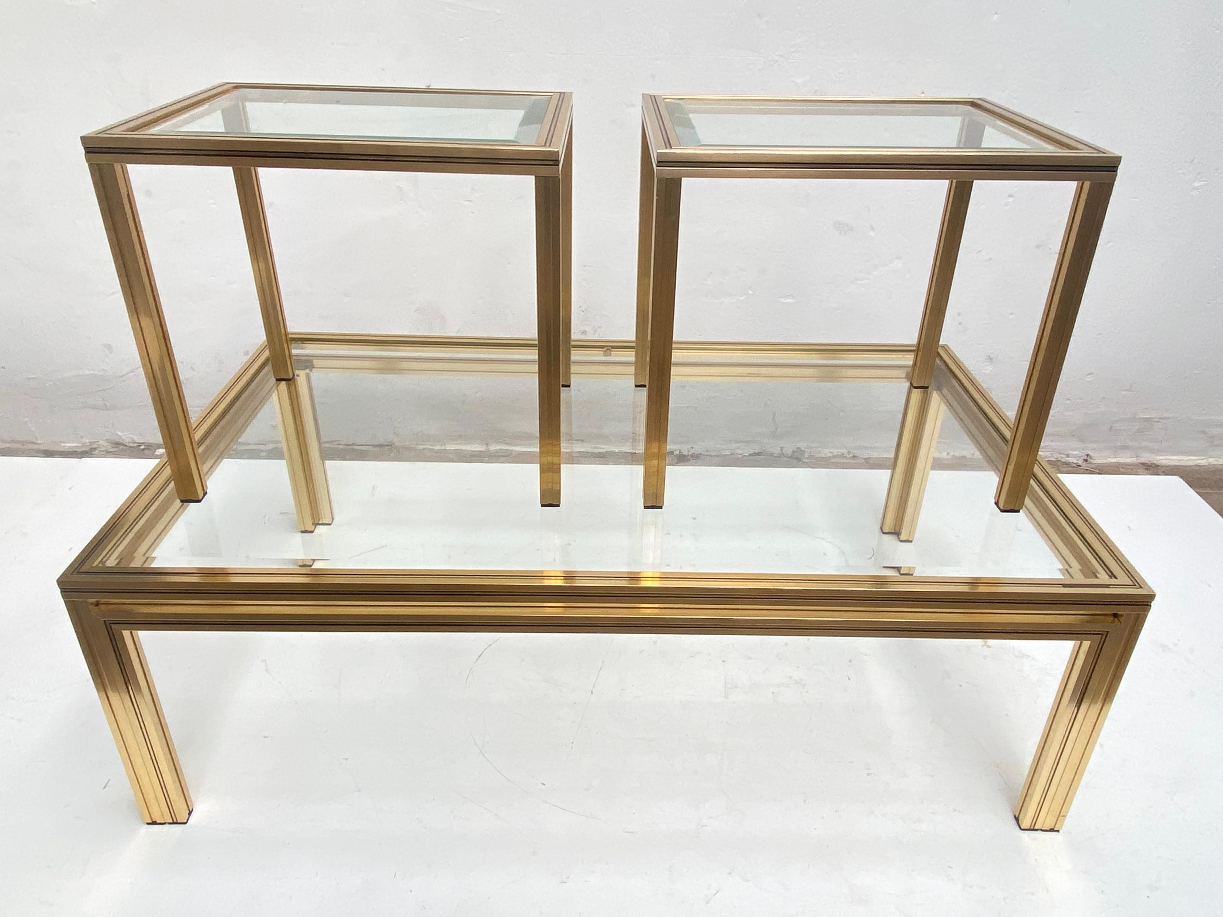 1970's Pierre Vandel Paris Coffee Table + 2 Side Tables Gold Anodized Aluminium For Sale 4