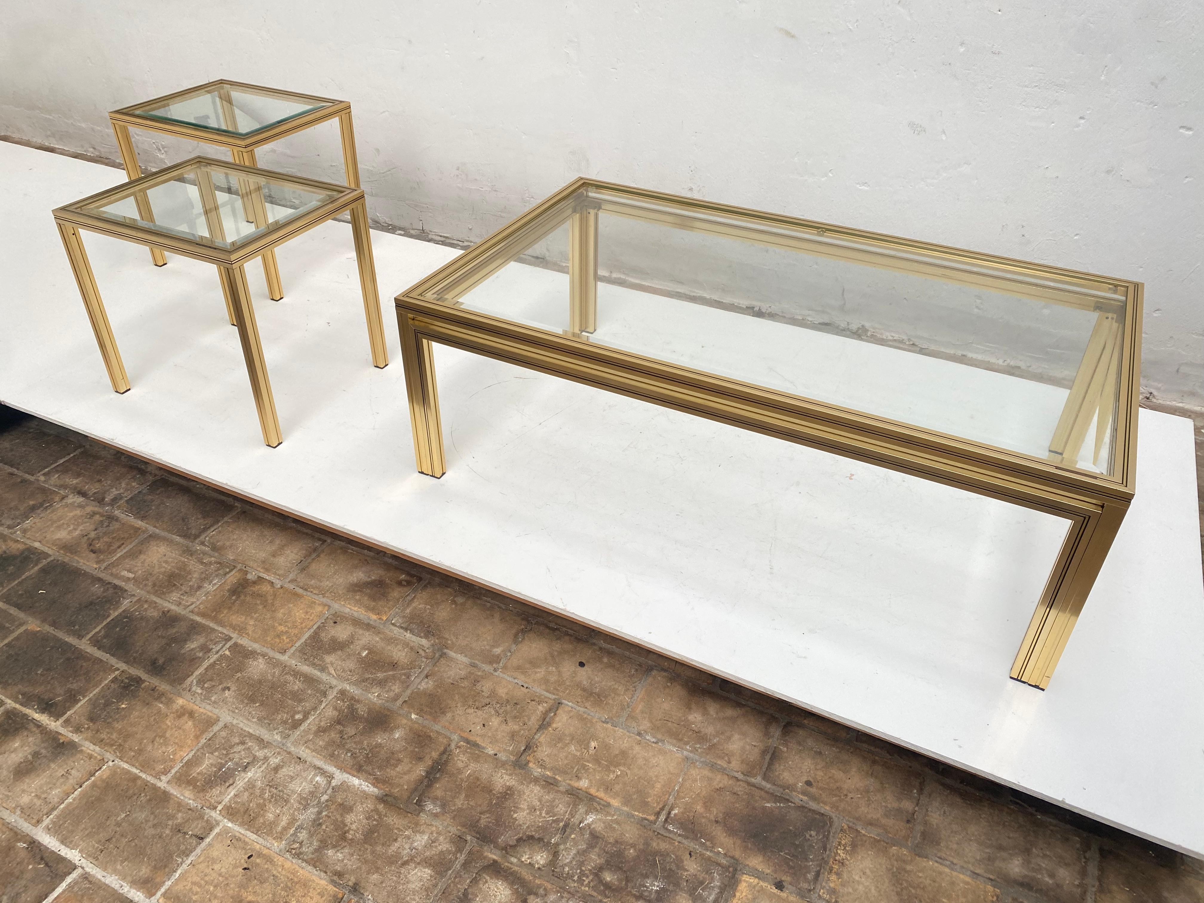 Hollywood Regency 1970's Pierre Vandel Paris Coffee Table + 2 Side Tables Gold Anodized Aluminium For Sale