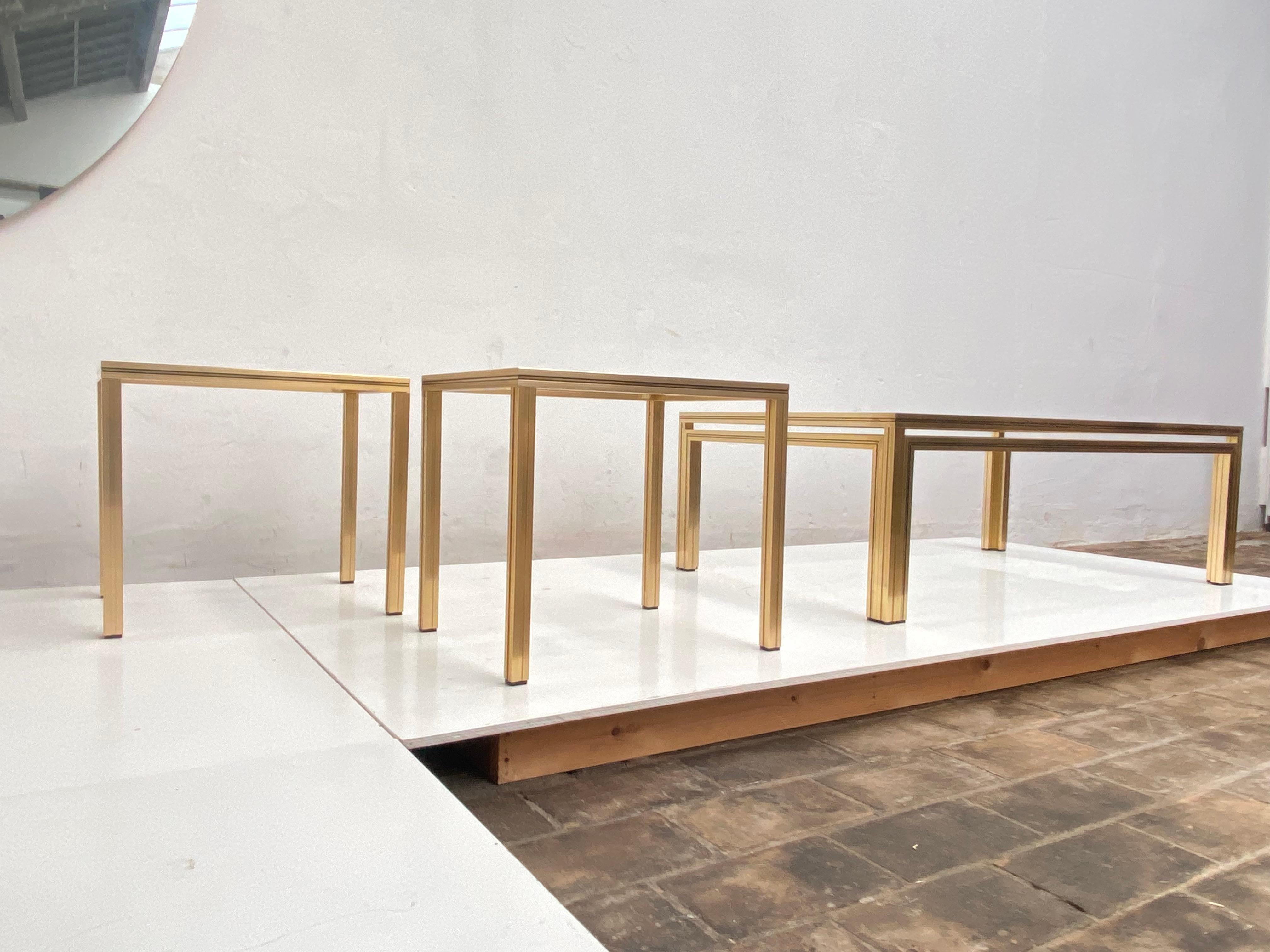 French 1970's Pierre Vandel Paris Coffee Table + 2 Side Tables Gold Anodized Aluminium For Sale
