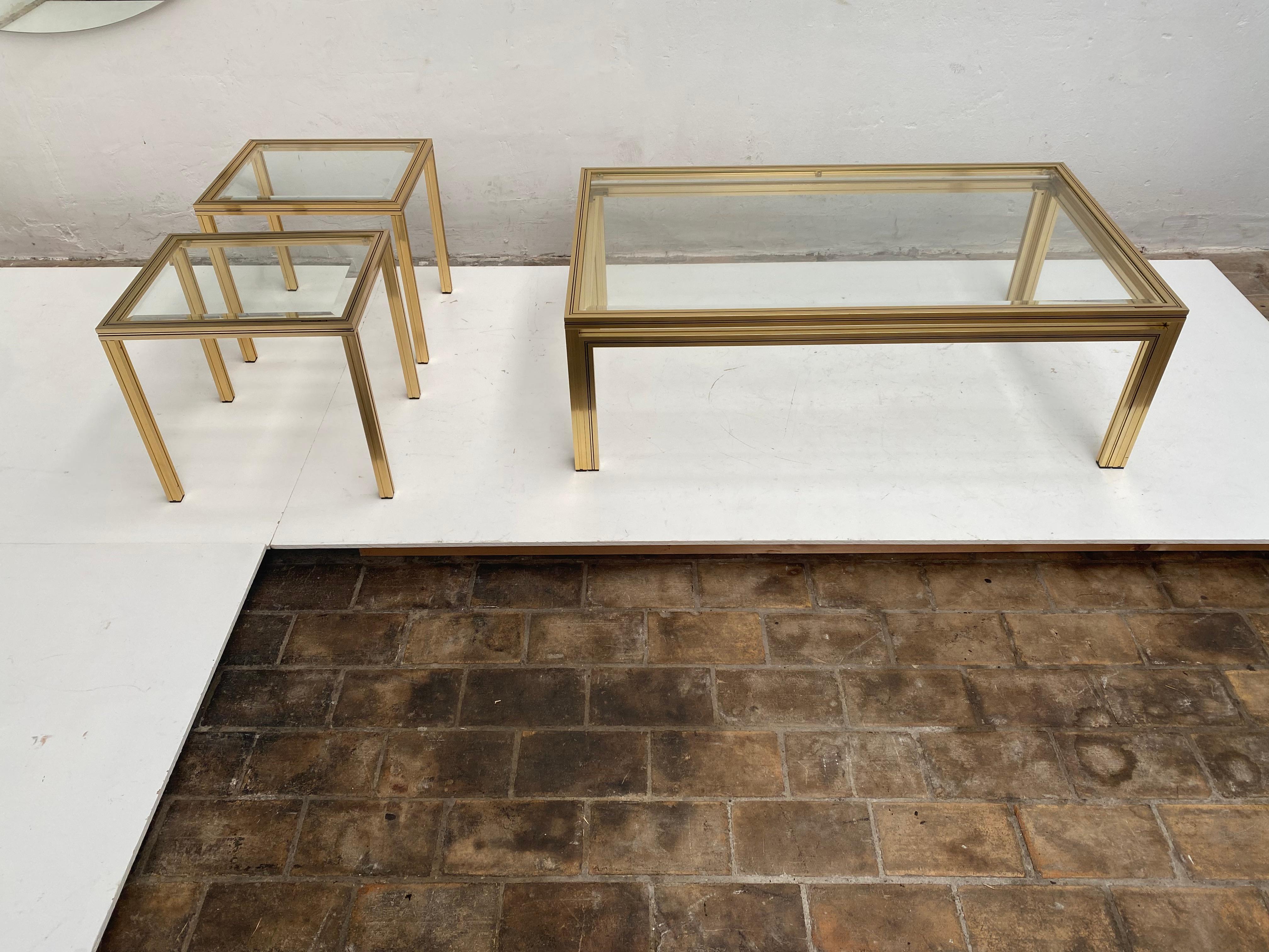 Late 20th Century 1970's Pierre Vandel Paris Coffee Table + 2 Side Tables Gold Anodized Aluminium For Sale