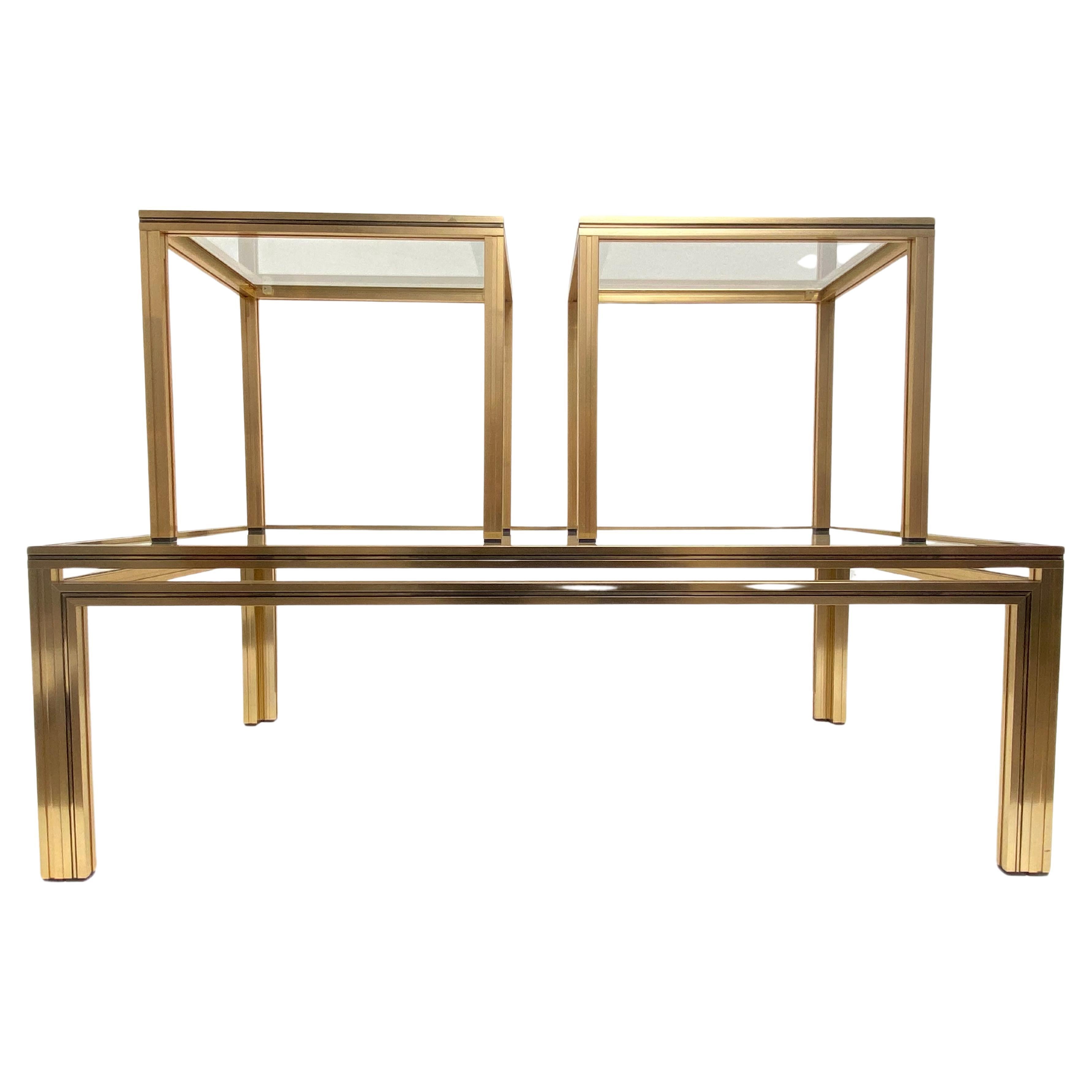 1970's Pierre Vandel Paris Coffee Table + 2 Side Tables Gold Anodized Aluminium For Sale
