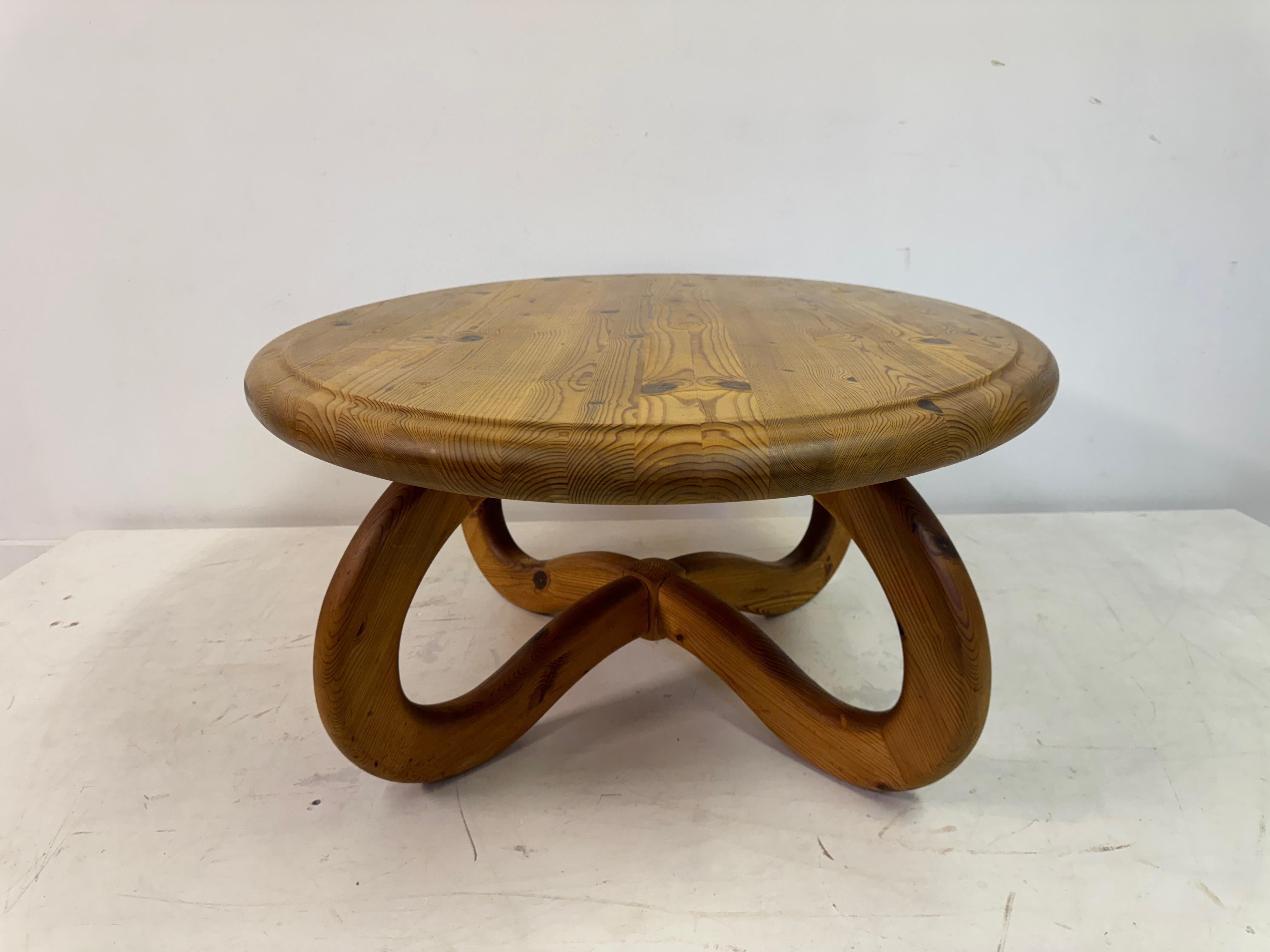 1970s Pine Coffee Table with Unusual Base For Sale 8