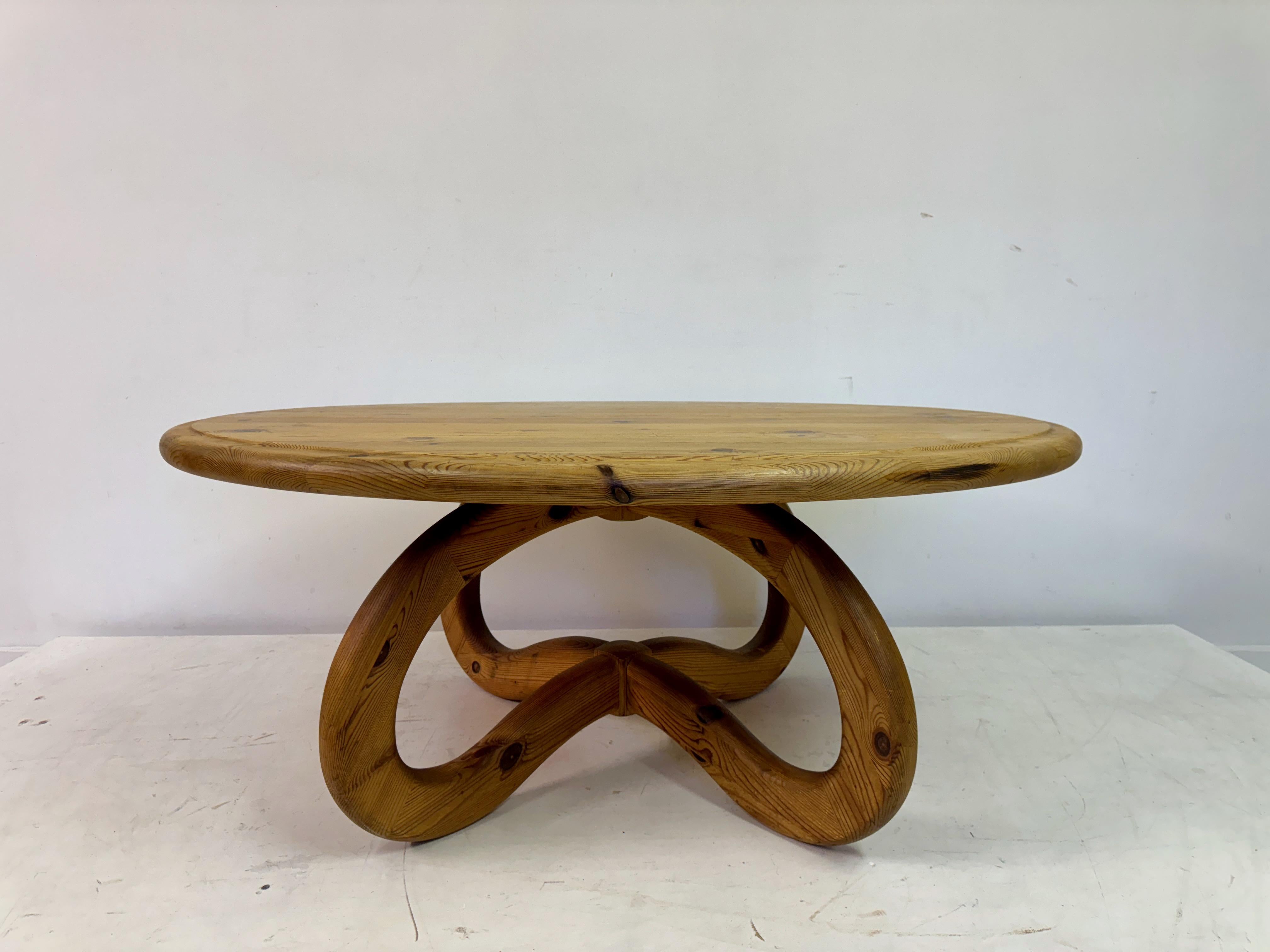 Mid-Century Modern 1970s Pine Coffee Table with Unusual Base For Sale