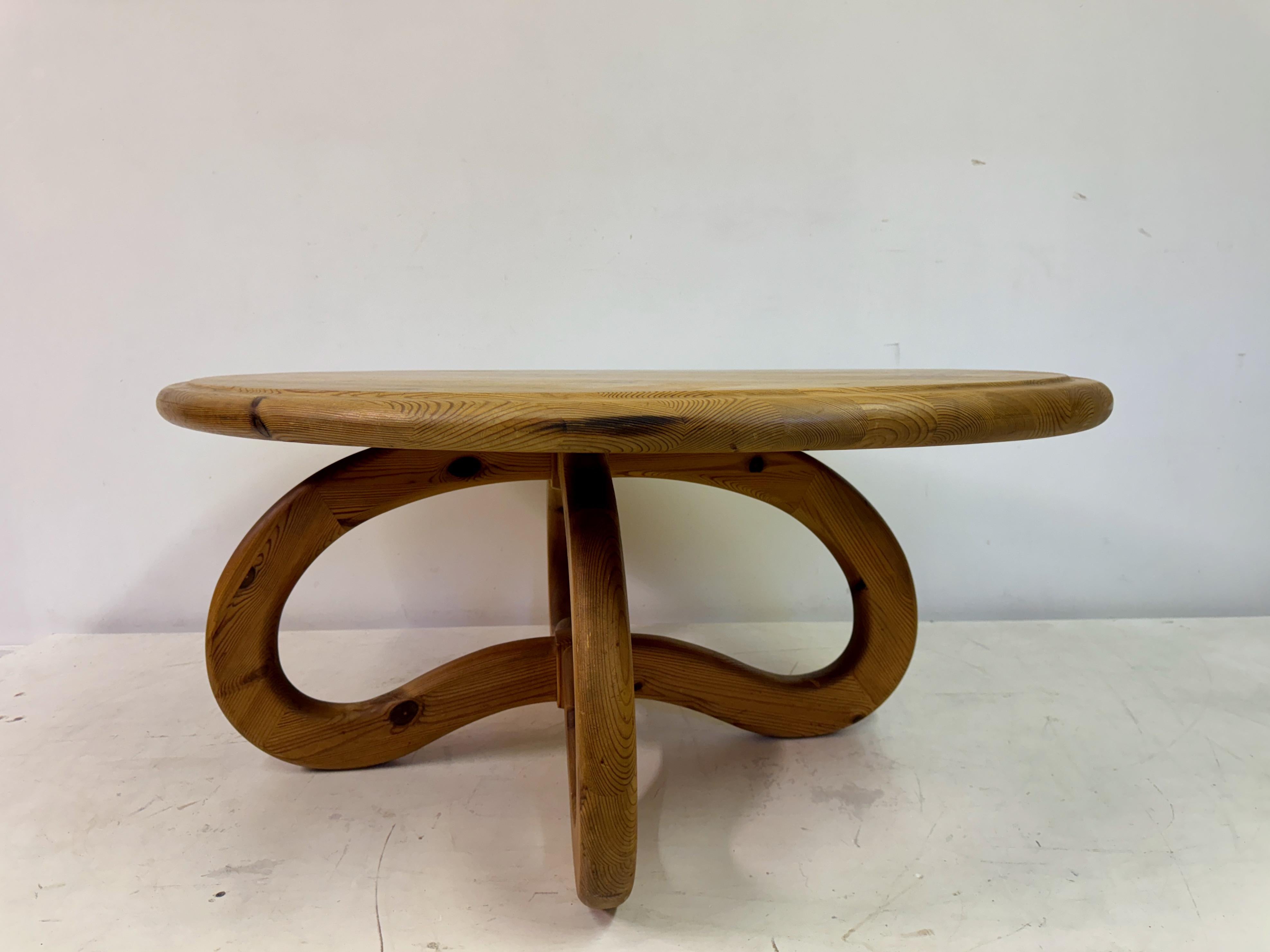 1970s Pine Coffee Table with Unusual Base For Sale 4