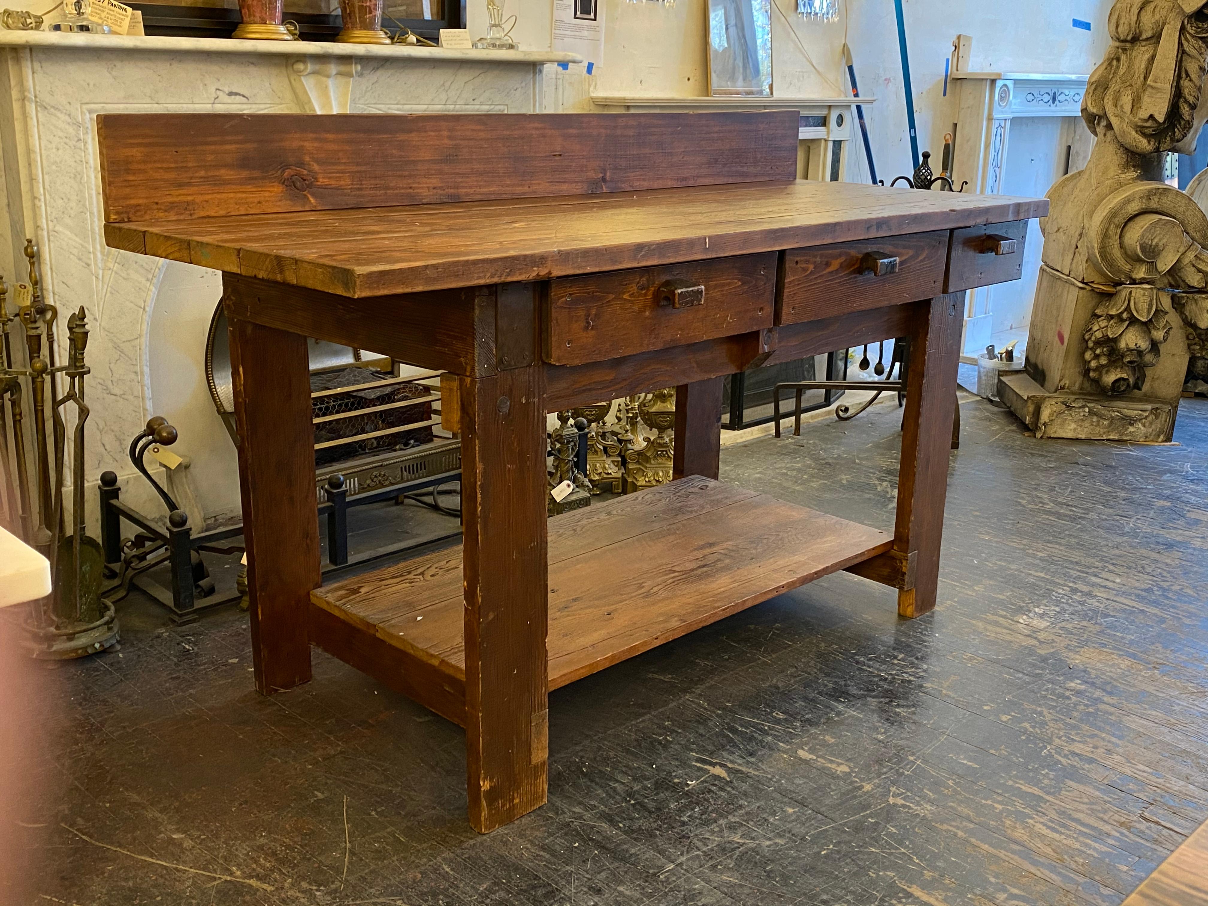 1970s Pine Industrial Work Bench Table with Three Drawers with Bottom Shelf 4