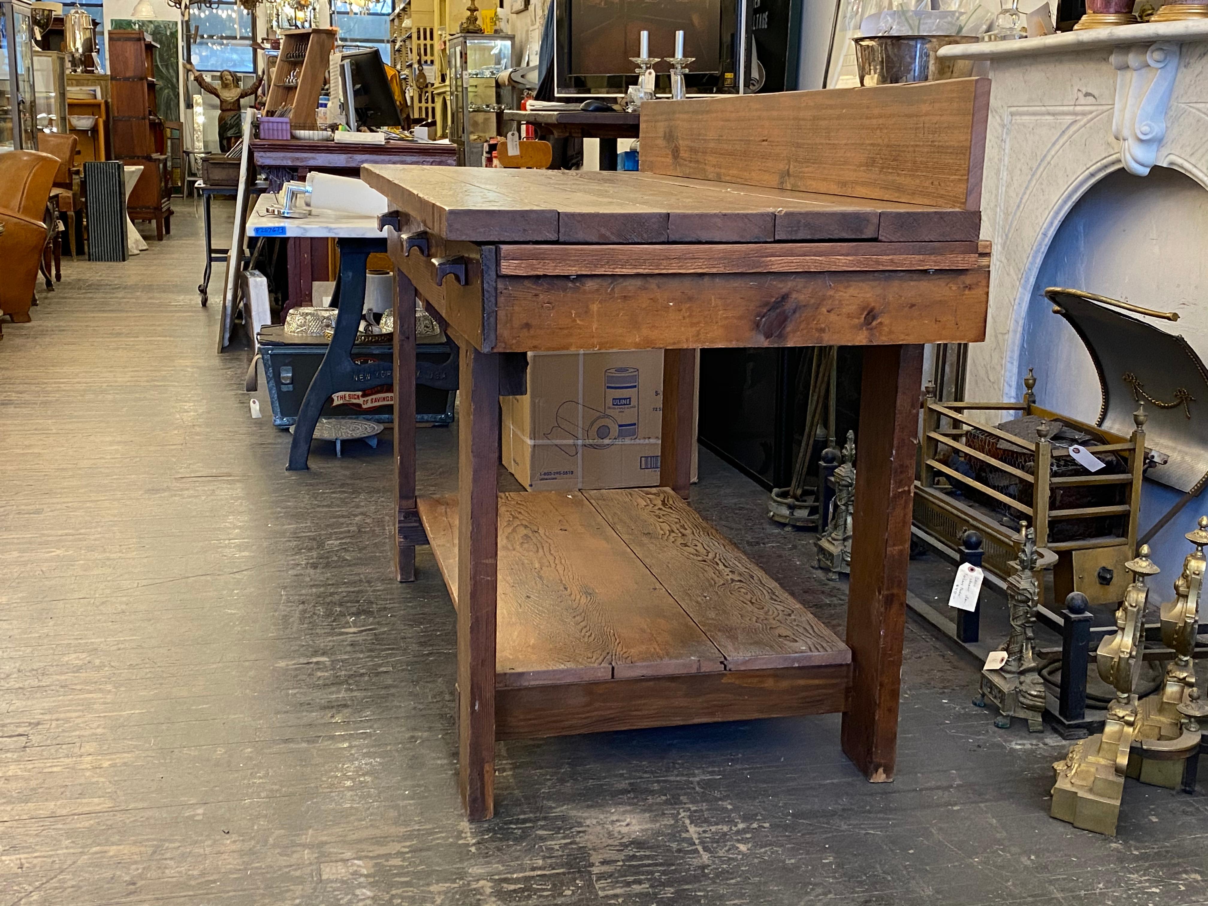 1970s Pine Industrial Work Bench Table with Three Drawers with Bottom Shelf 5