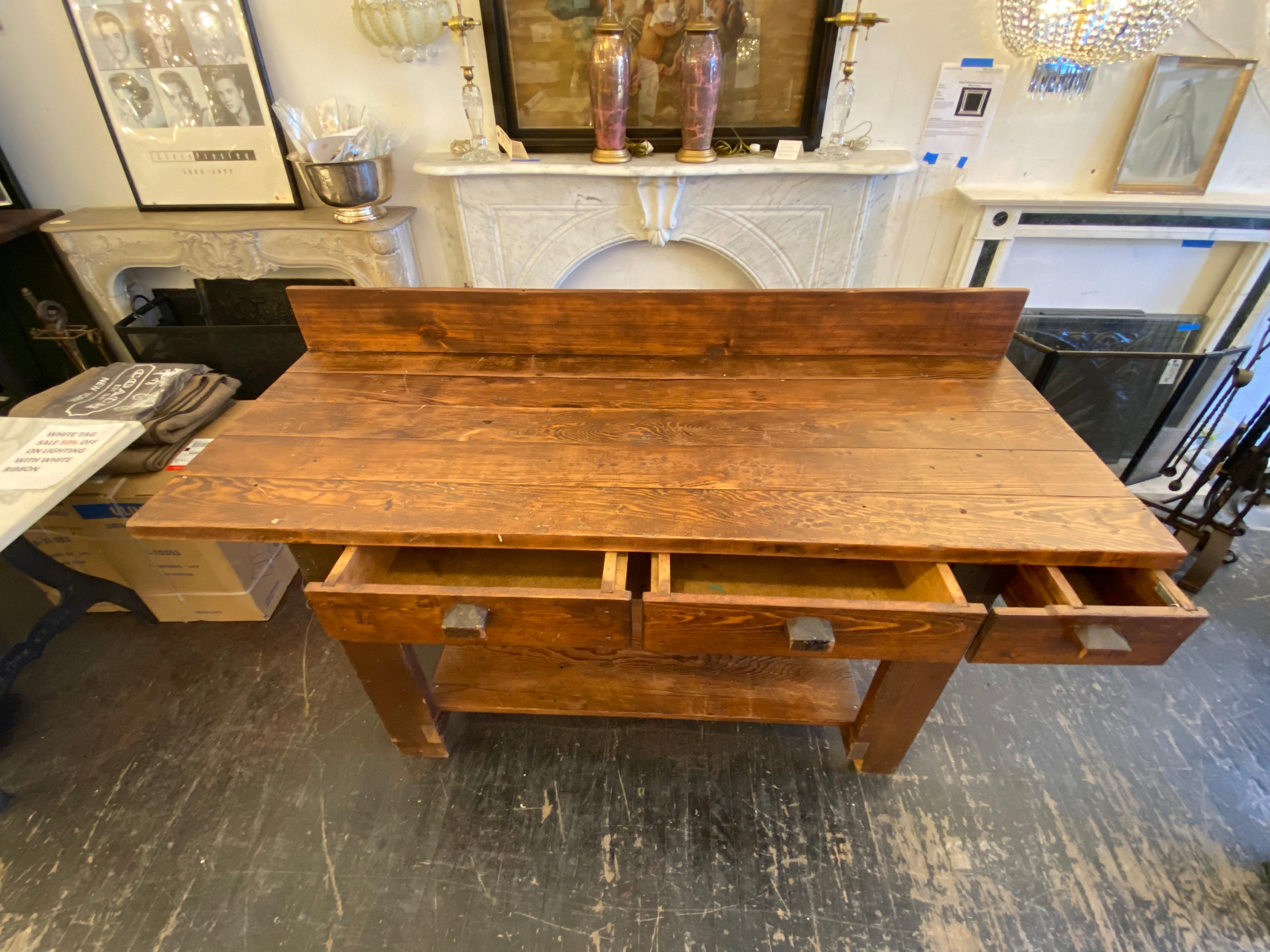 1970s Pine Industrial Work Bench Table with Three Drawers with Bottom Shelf 6