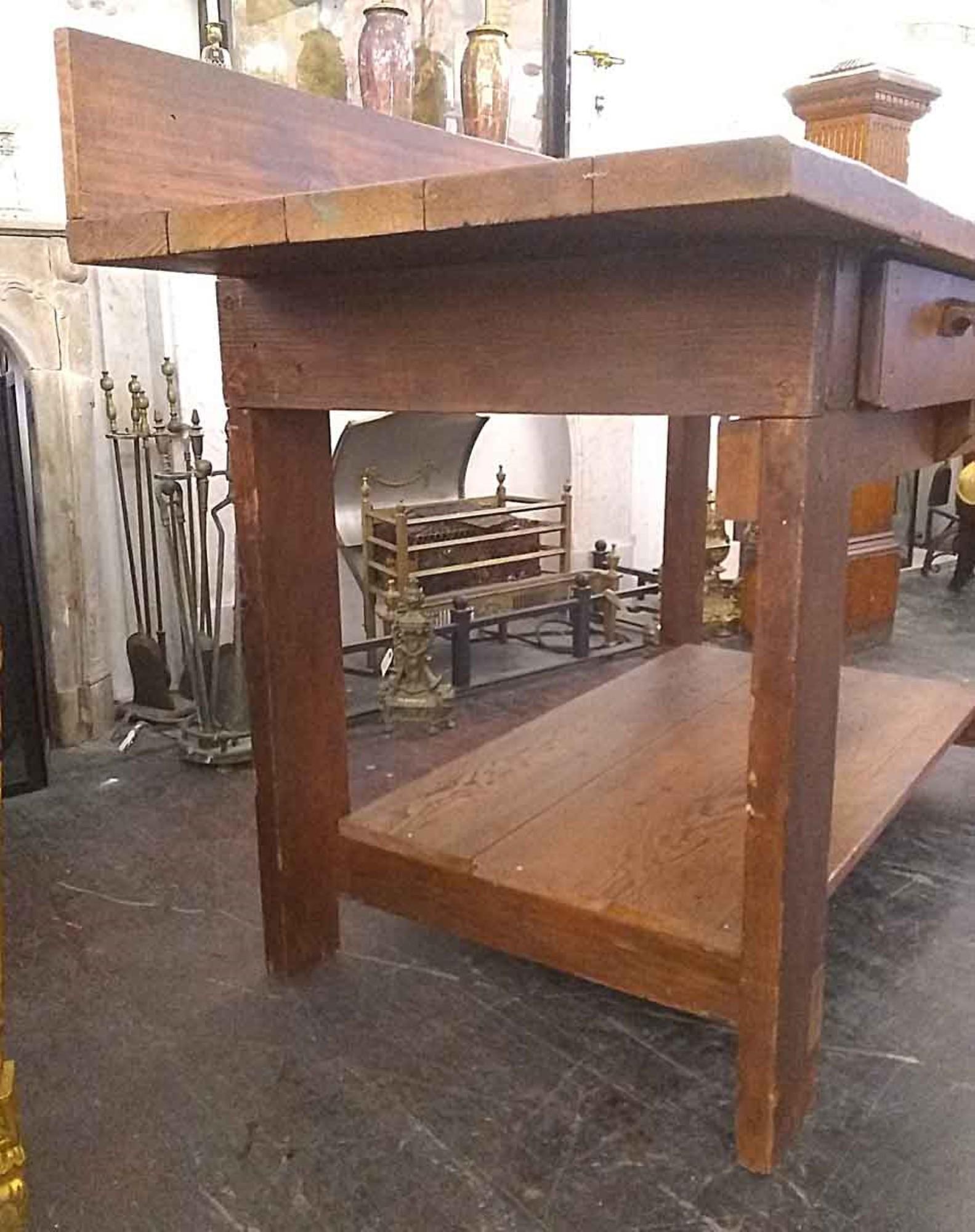 American 1970s Pine Industrial Work Bench Table with Three Drawers with Bottom Shelf