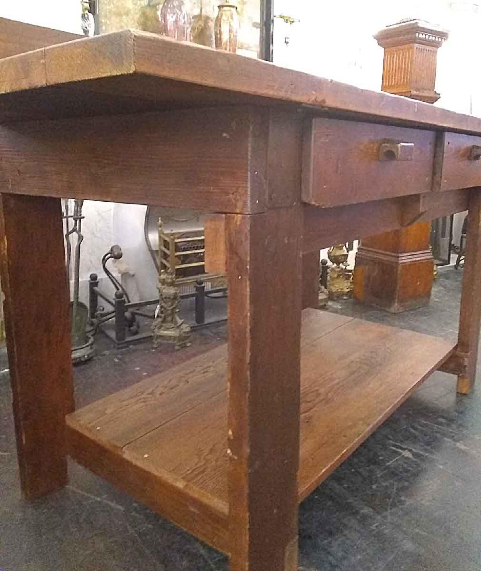 1970s Pine Industrial Work Bench Table with Three Drawers with Bottom Shelf In Good Condition In New York, NY