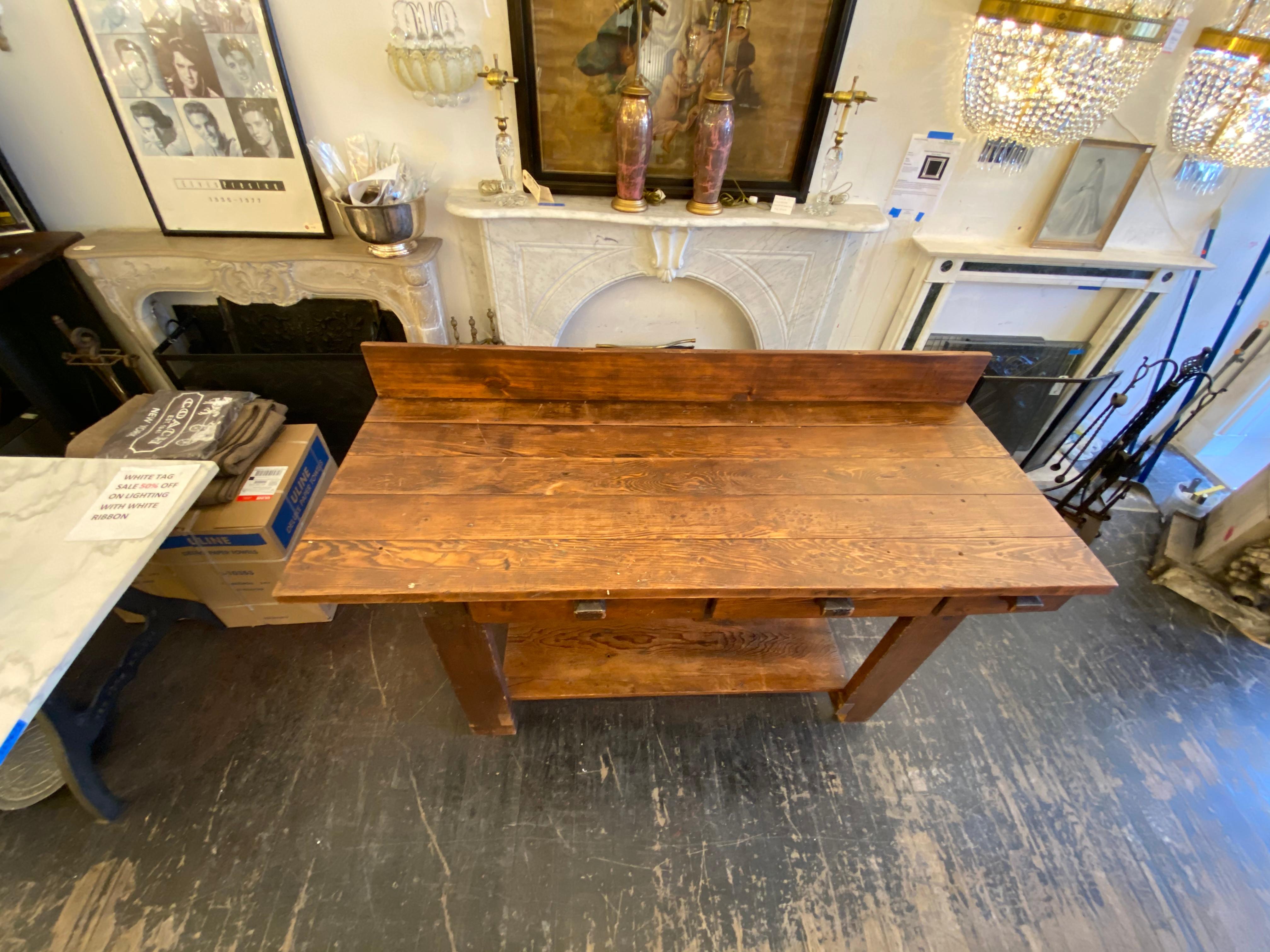 1970s Pine Industrial Work Bench Table with Three Drawers with Bottom Shelf 2