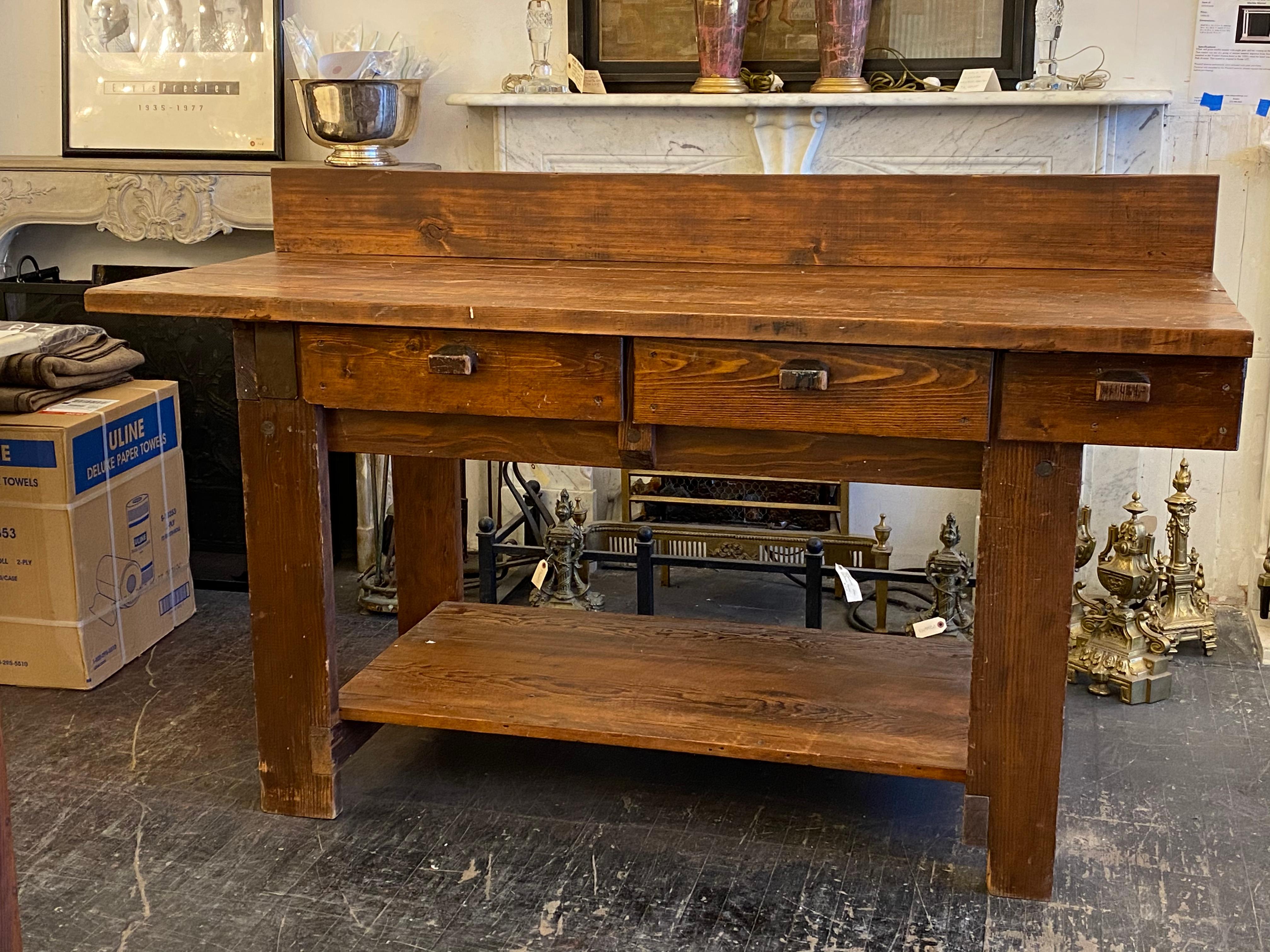 1970s Pine Industrial Work Bench Table with Three Drawers with Bottom Shelf 3
