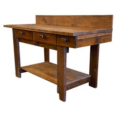 1970s Pine Industrial Work Bench Table with Three Drawers with Bottom Shelf
