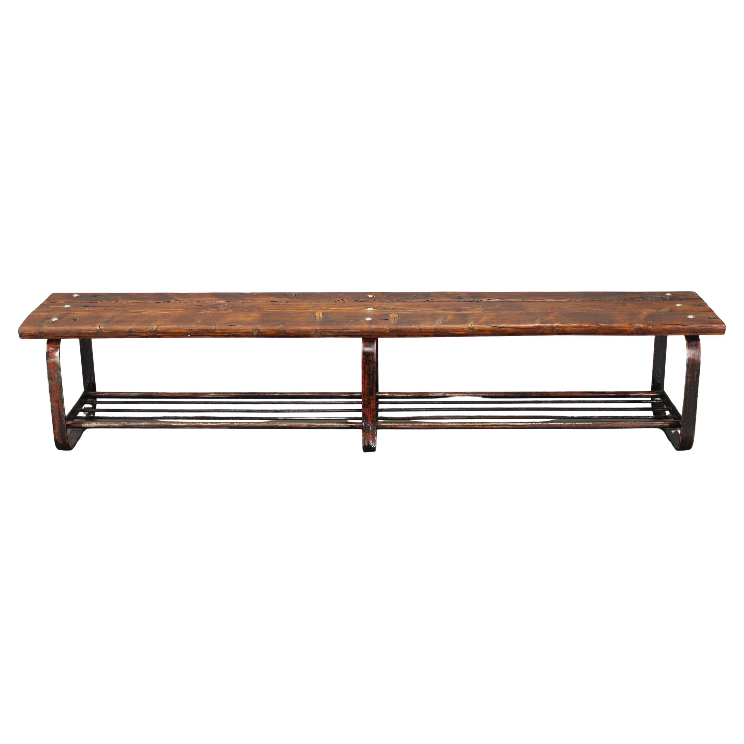 1970s Pine Tree Bench with Iron Base, Czechoslovakia