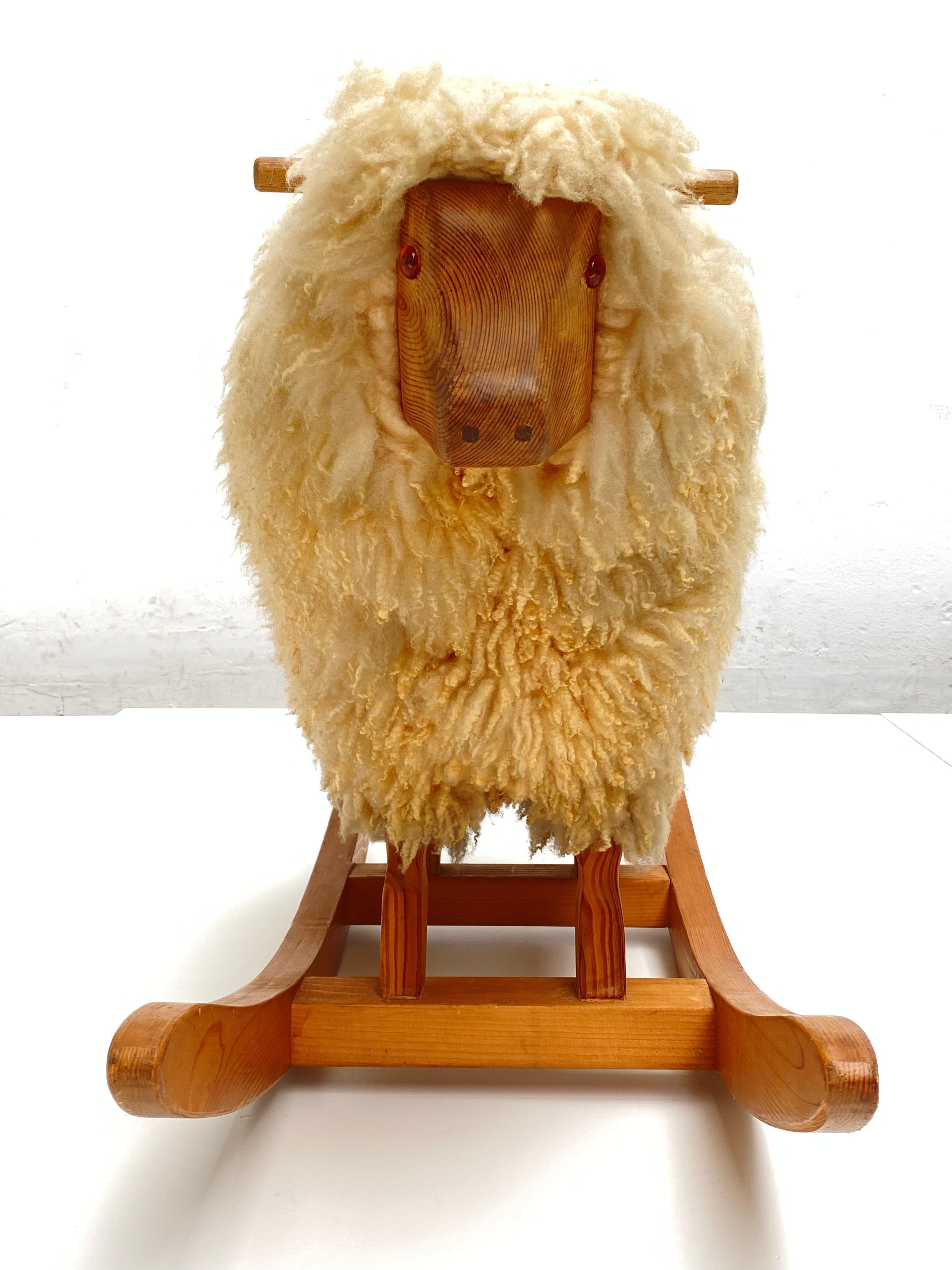 Mid-Century Modern 1970's Pine & Wool Rocking Sheep, The Netherlands For Sale