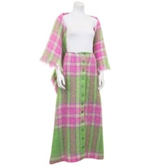 Vintage 1970s Pink and Green Mohair Plaid Skirt and Shawl