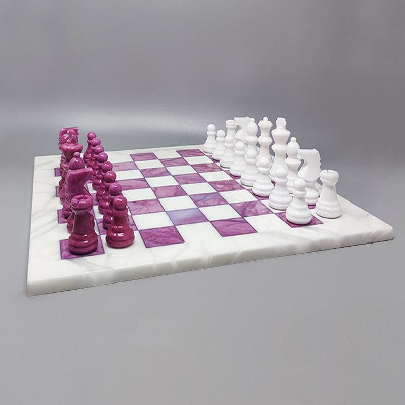 Mid-Century Modern 1970s Pink and White Chess Set in Volterra Alabaster Handmade Made in Italy