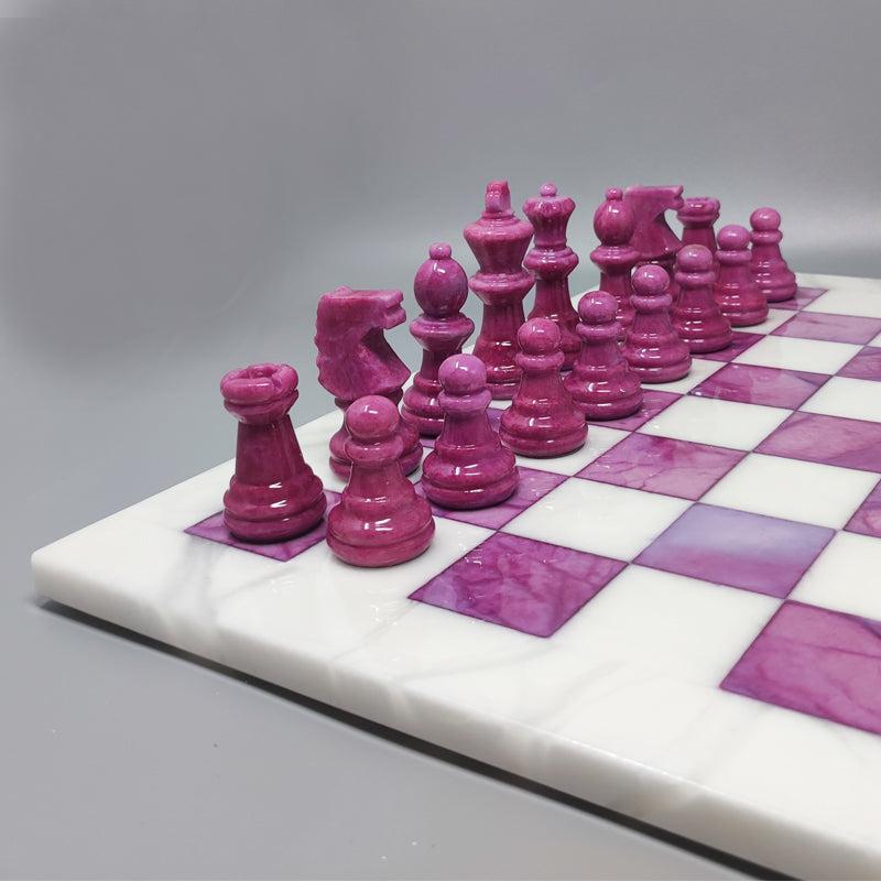 Italian 1970s Pink and White Chess Set in Volterra Alabaster Handmade Made in Italy