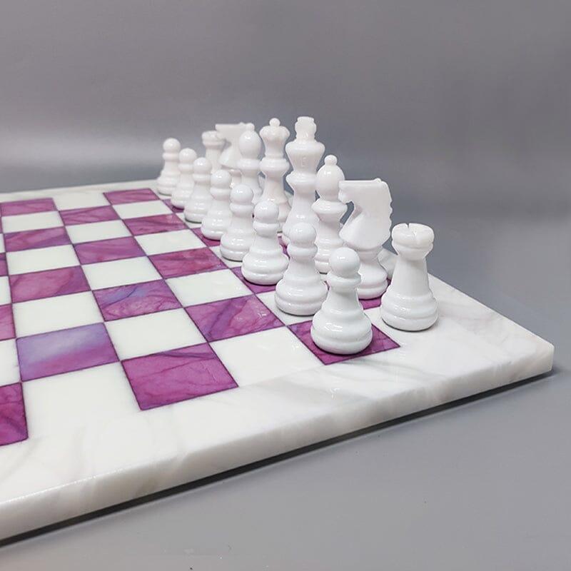 Italian 1970s Pink and White Chess Set in Volterra Alabaster Handmade Made in Italy For Sale