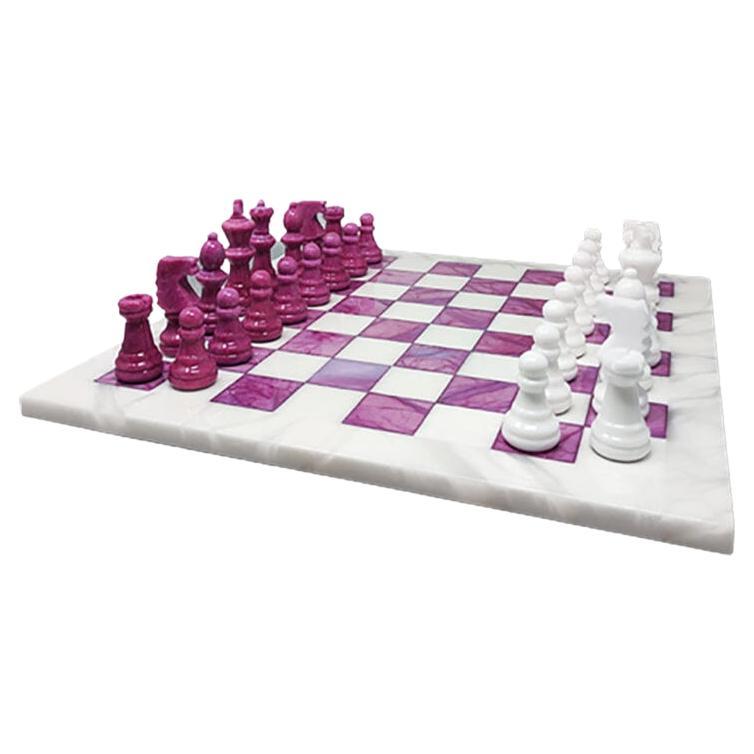 1970s Pink and White Chess Set in Volterra Alabaster Handmade Made in Italy For Sale
