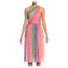 1970S Pink & Blue Silk Chiffon Polka Dot Halter Neck Dress