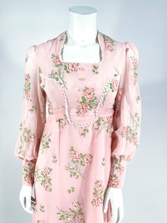 1970s Pink Cottage Floral Printed and Flocked Dress