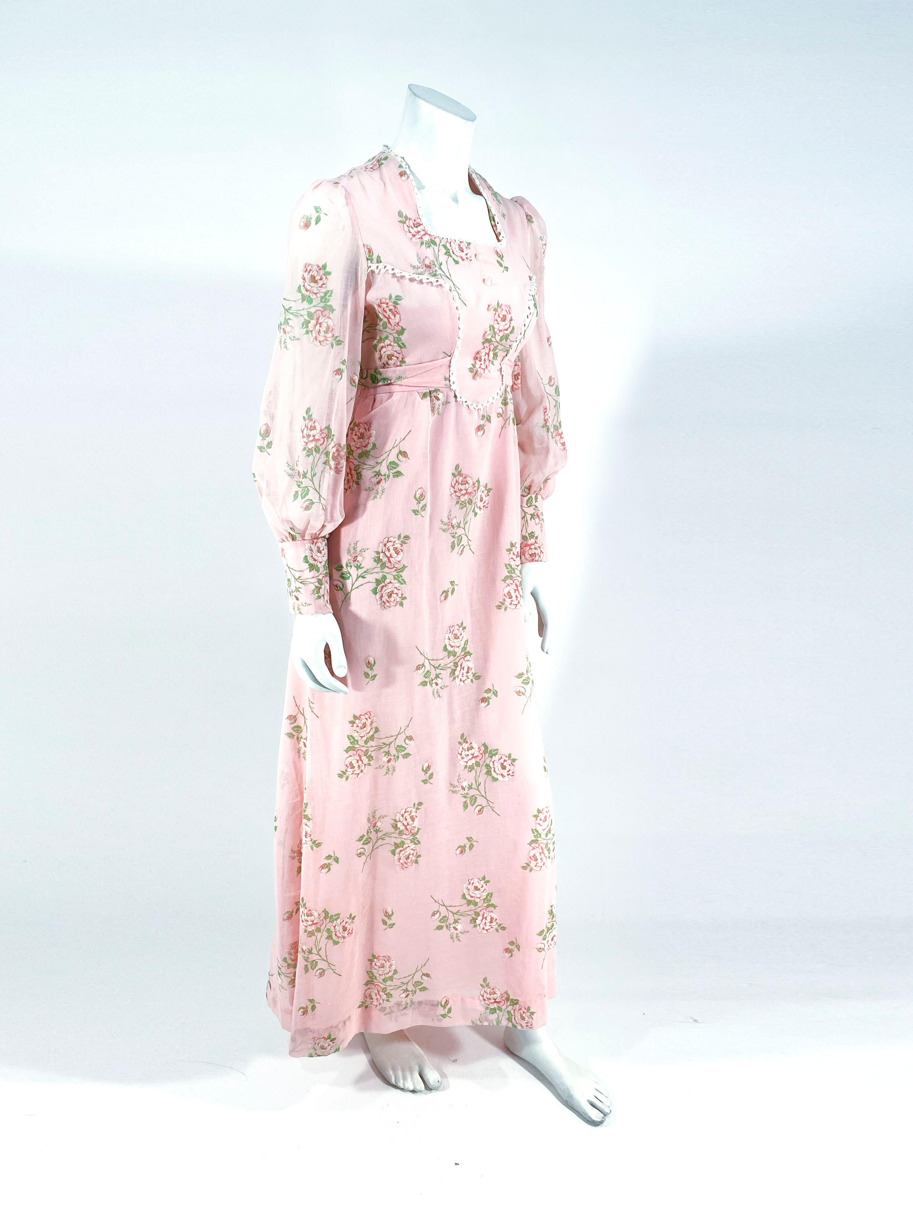 Beige 1970s Pink Cottage Floral Printed and Flocked Dress For Sale