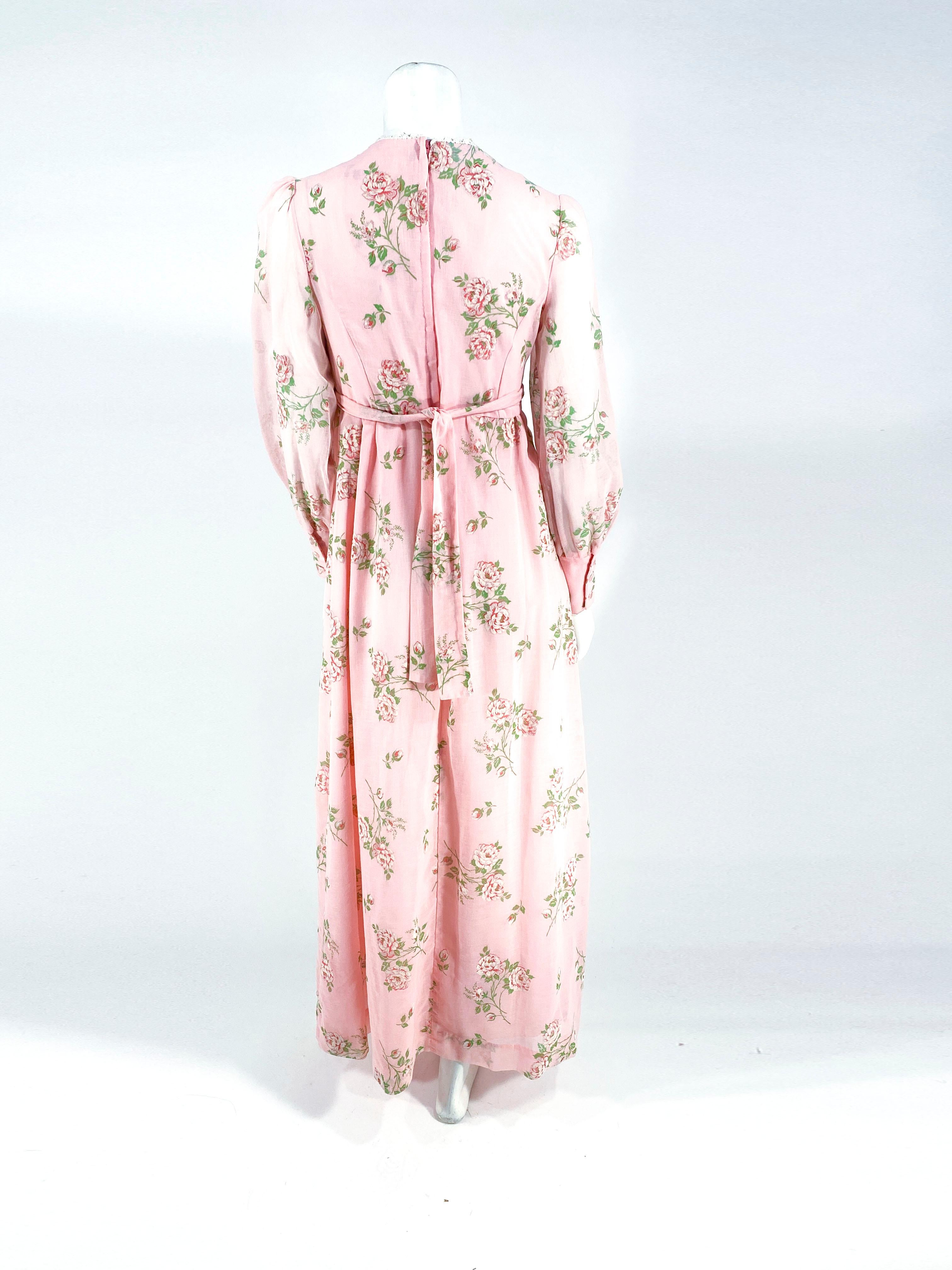 Women's 1970s Pink Cottage Floral Printed and Flocked Dress For Sale