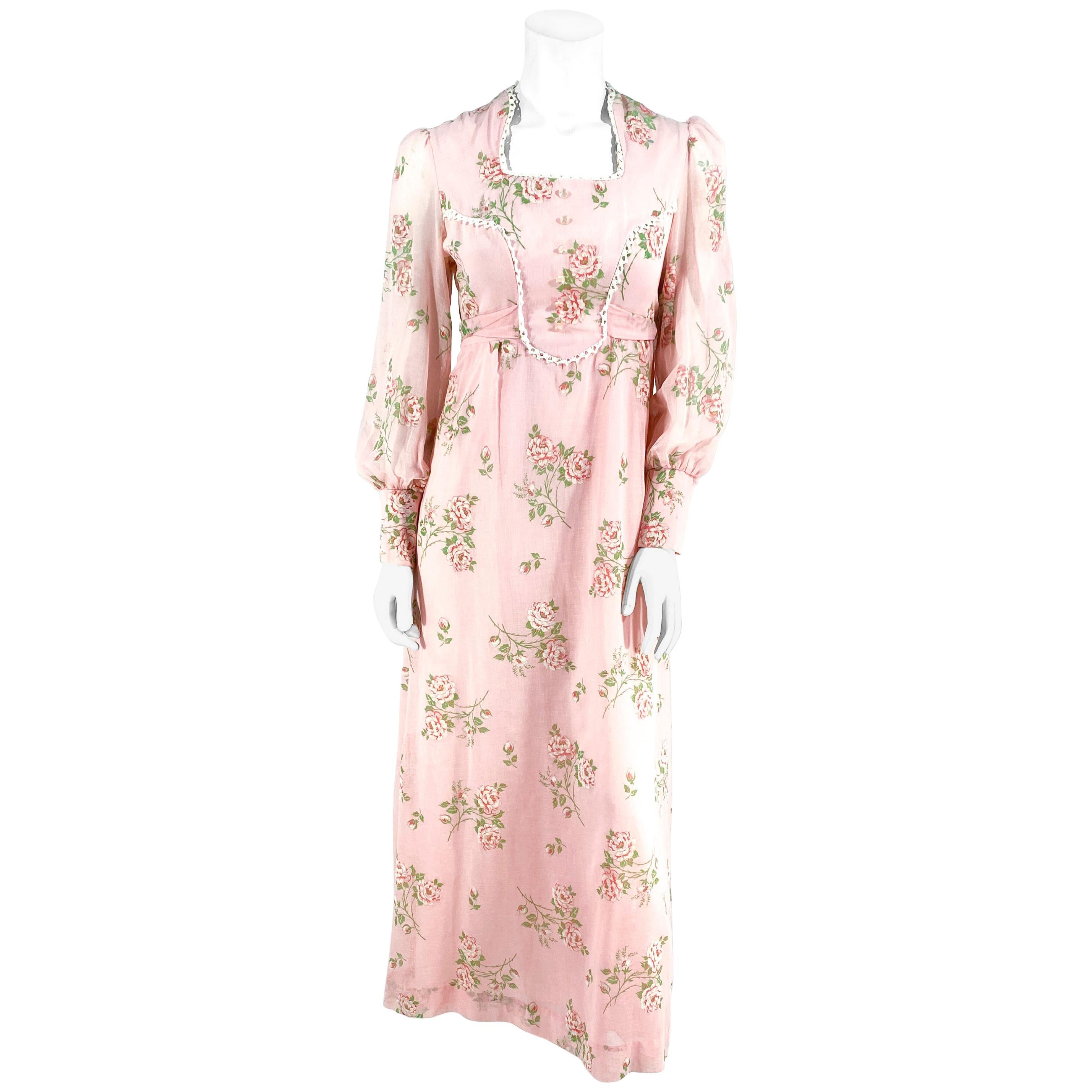 1970s Pink Cottage Floral Printed and Flocked Dress