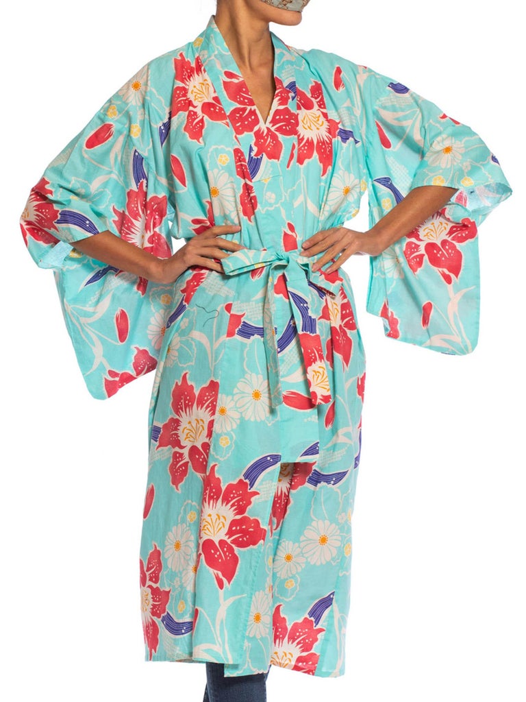 1970S Pink Floral On Aqua Cotton Japanese Kimono Robe With Sash Belt ...