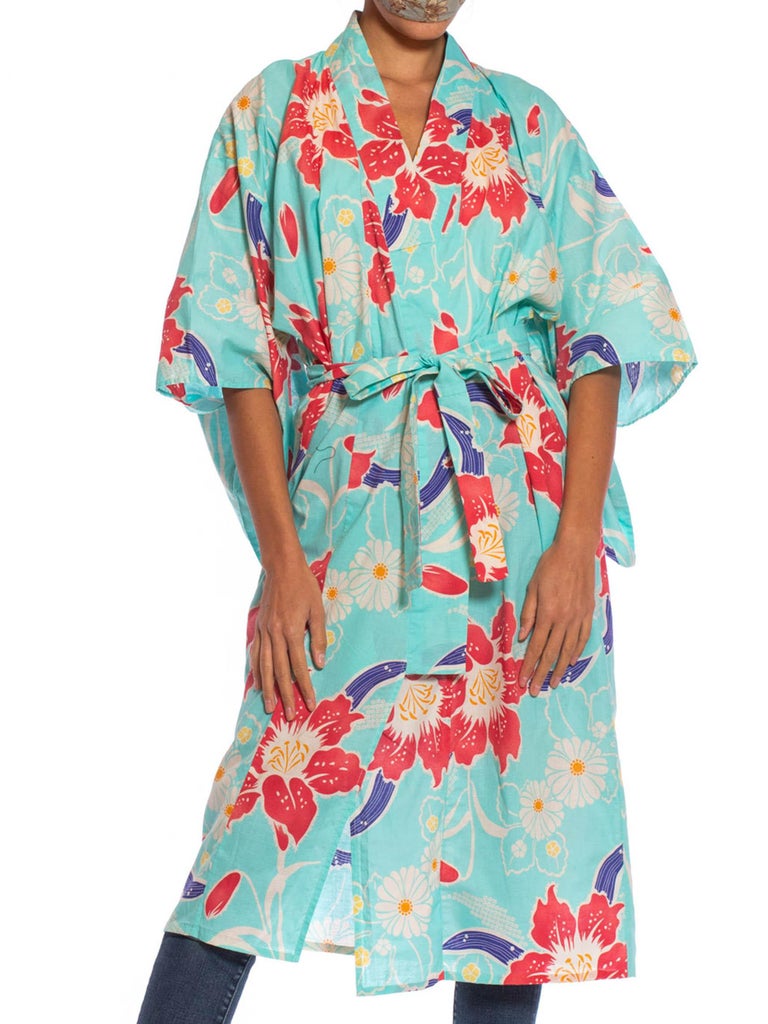 1970S Pink Floral On Aqua Cotton Japanese Kimono Robe With Sash Belt ...