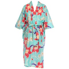 1970S Pink Floral On Aqua Cotton Japanese Kimono Robe With Sash Belt