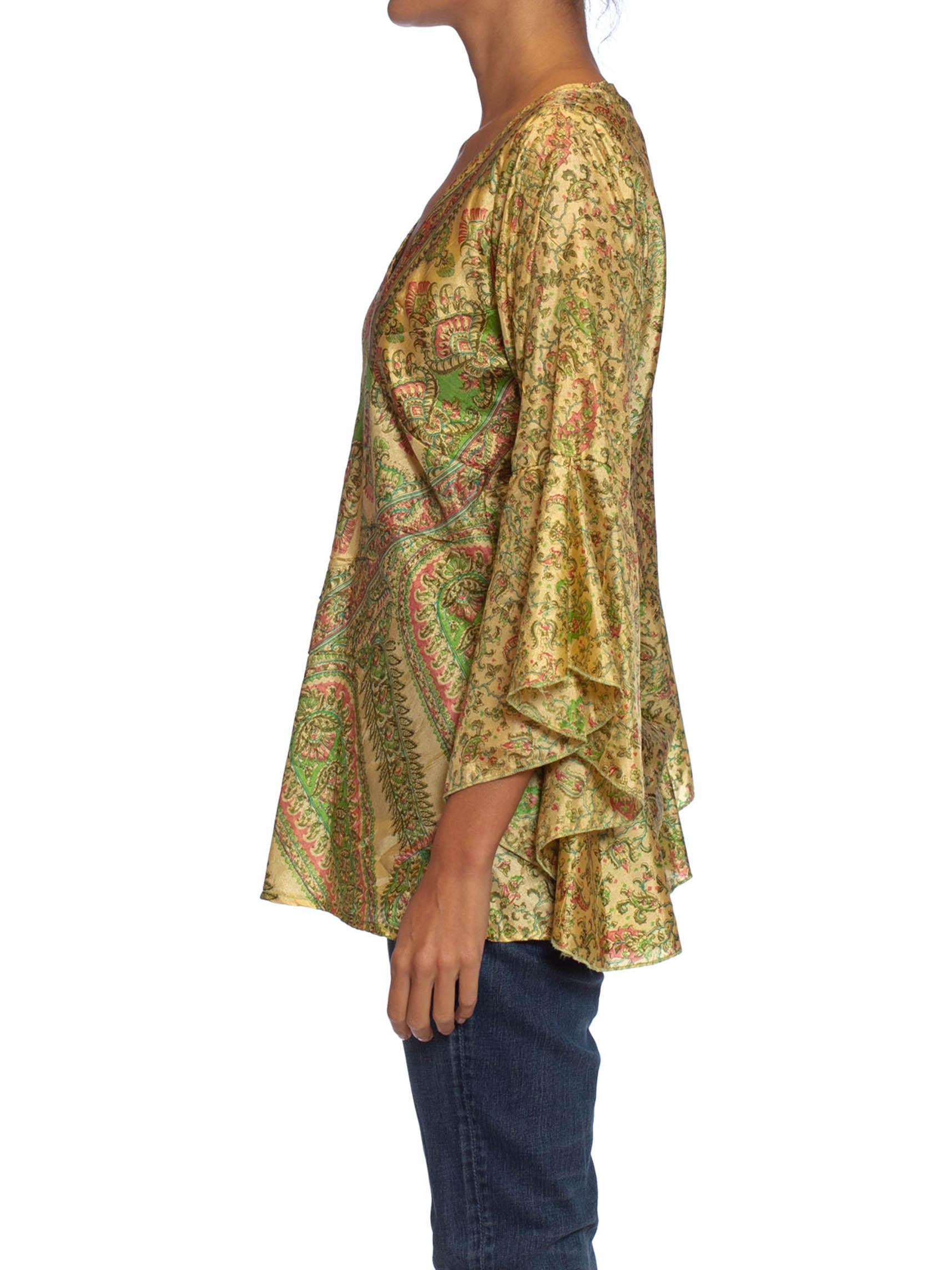 Brown 1970S Pink & Green Silk Hand Printed Indian Paisley Blouse