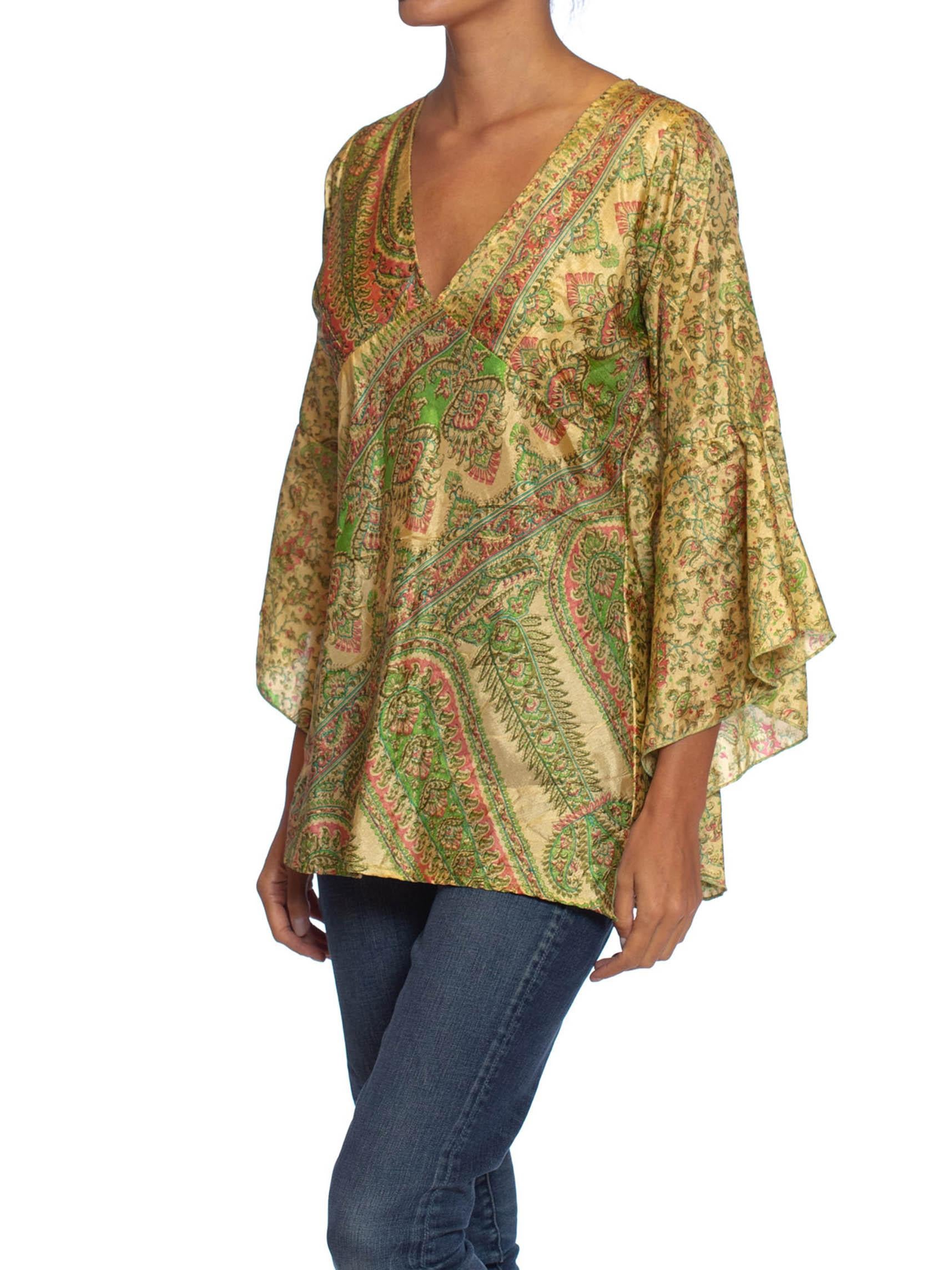 1970S Pink & Green Silk Hand Printed Indian Paisley Blouse In Excellent Condition In New York, NY