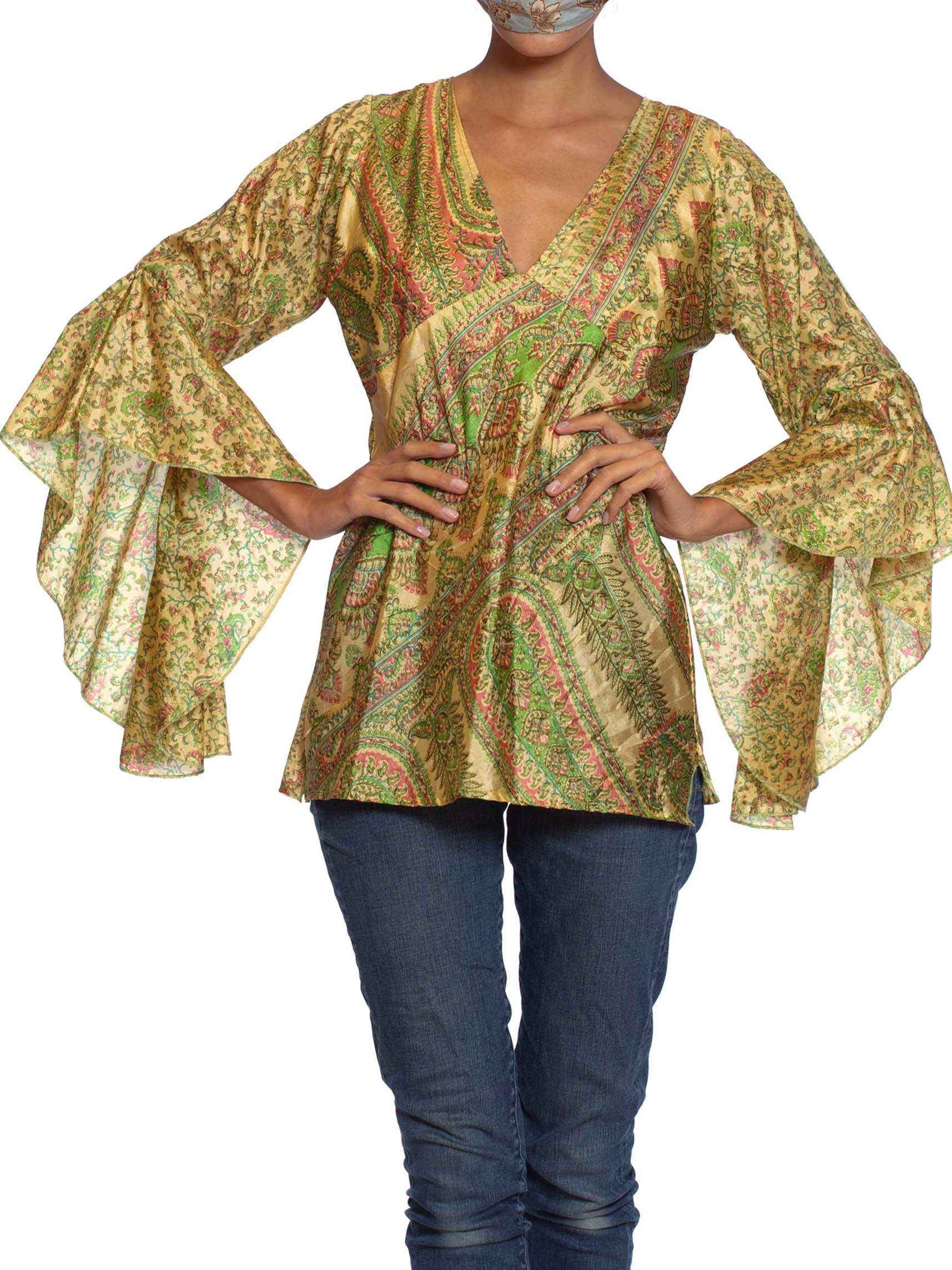 Women's 1970S Pink & Green Silk Hand Printed Indian Paisley Blouse