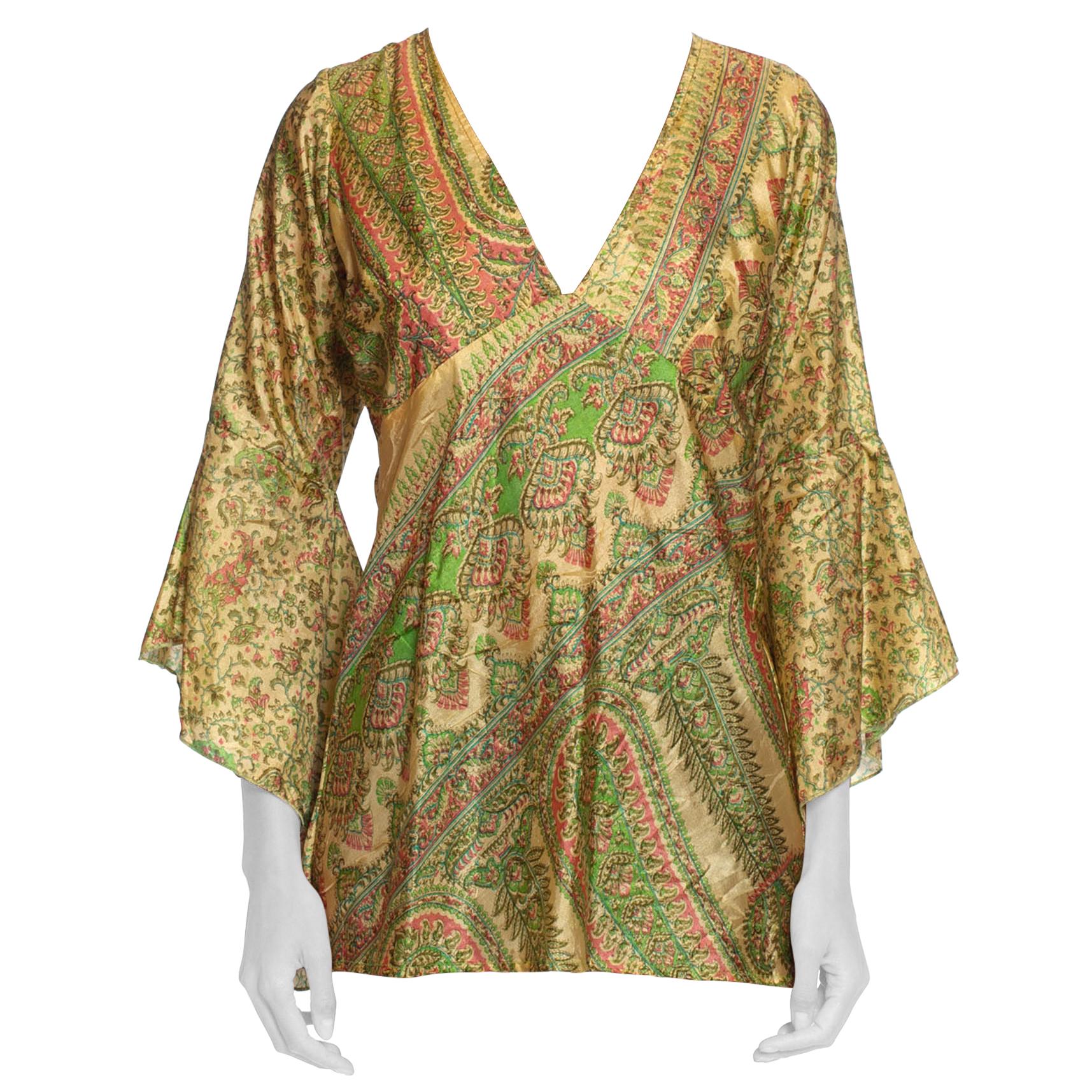 1970S Pink & Green Silk Hand Printed Indian Paisley Blouse