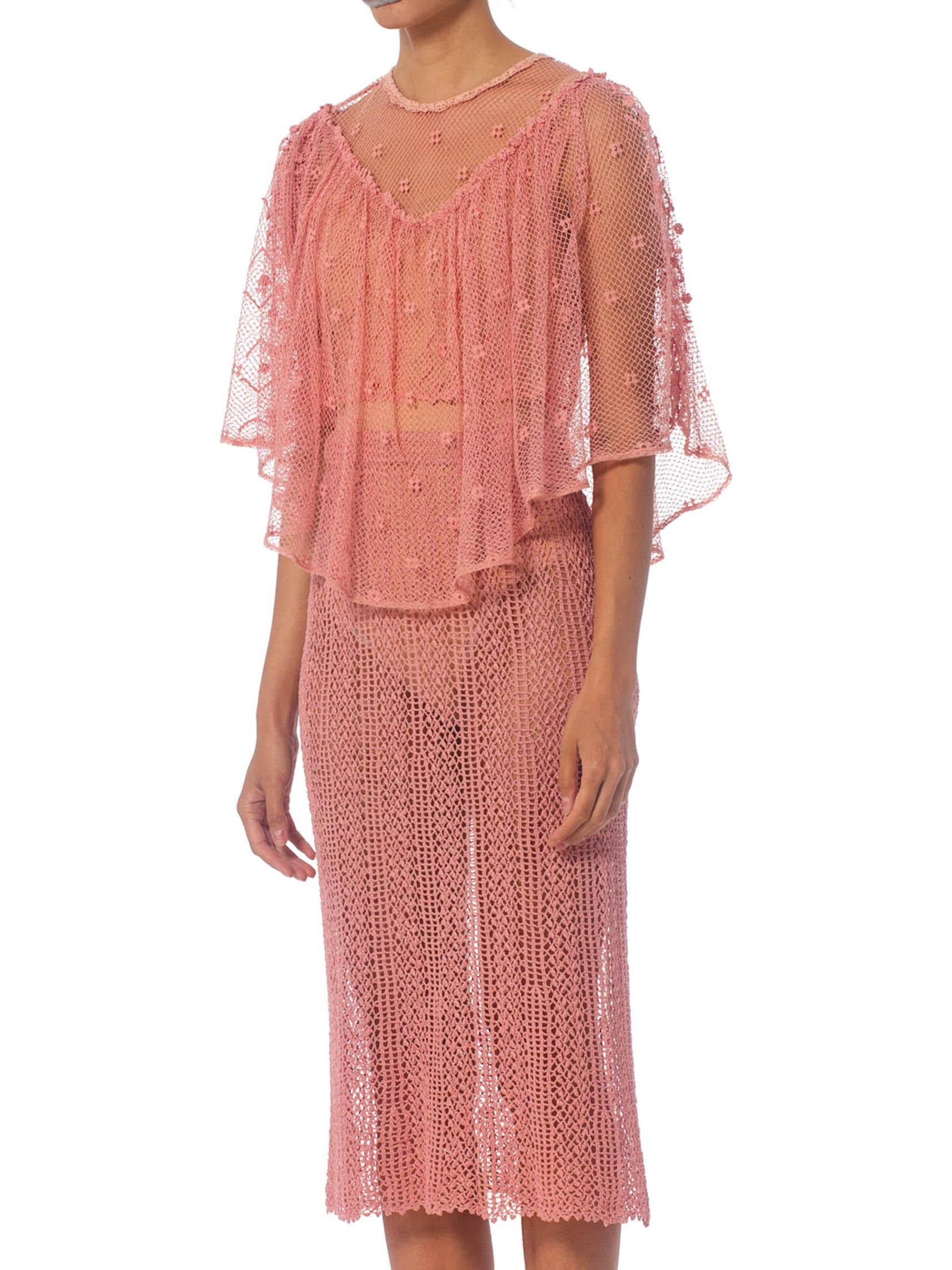 Women's 1970S Pink Hand Crochet Cotton Net Crop Top & Skirt Ensemble